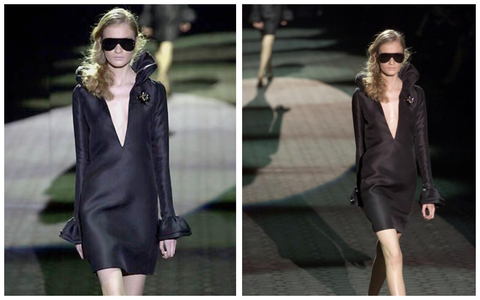 2000 F/W Gucci Tom Ford Fall 2000 Silk Ruffle Collar Black Mini Runway Dress In Good Condition For Sale In Алматинский Почтамт, KZ