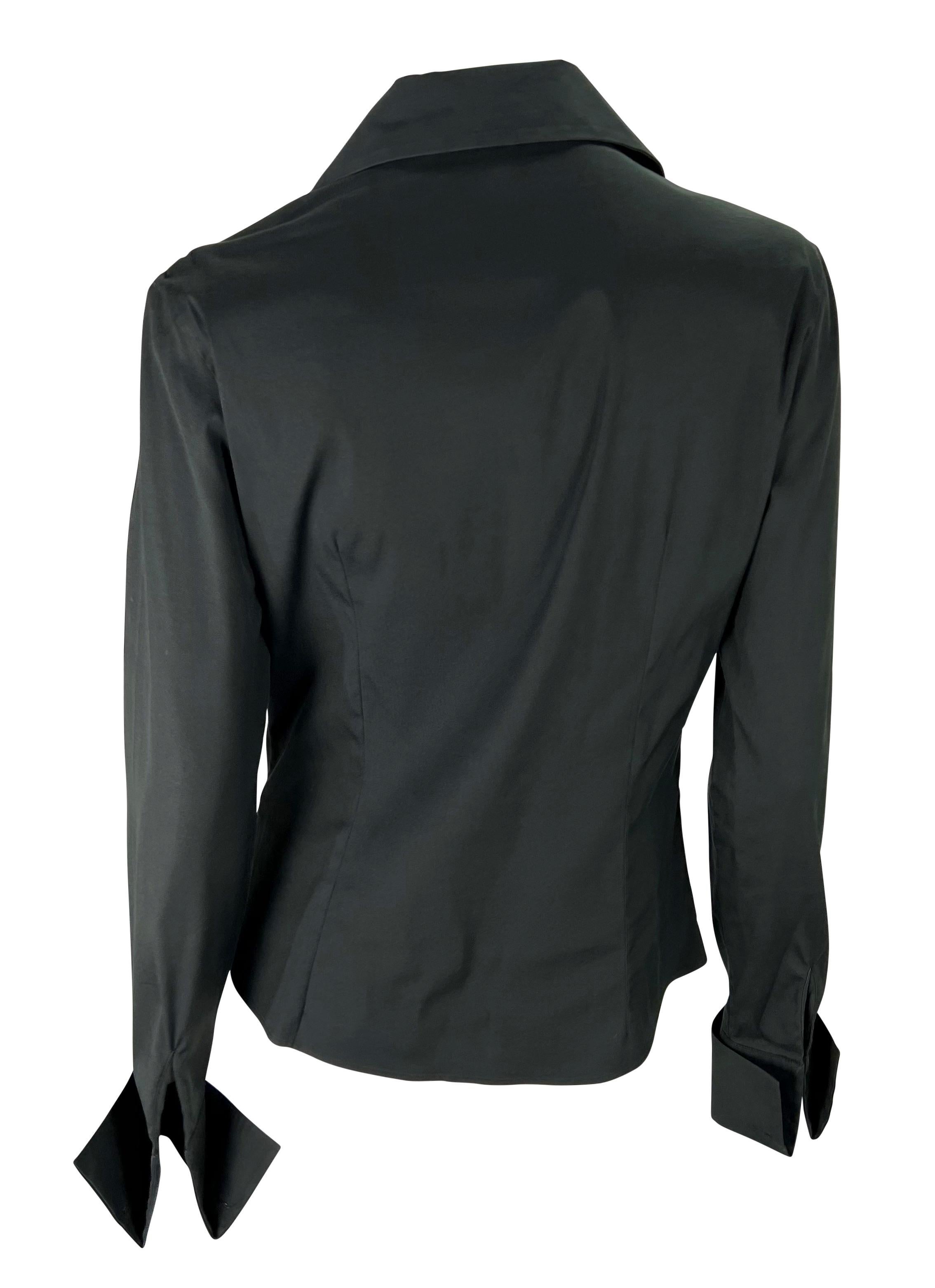 Women's 2000 Gucci by Tom Ford Black Wrap French Cuff Plunging Stretch Cotton Blouse Y2K