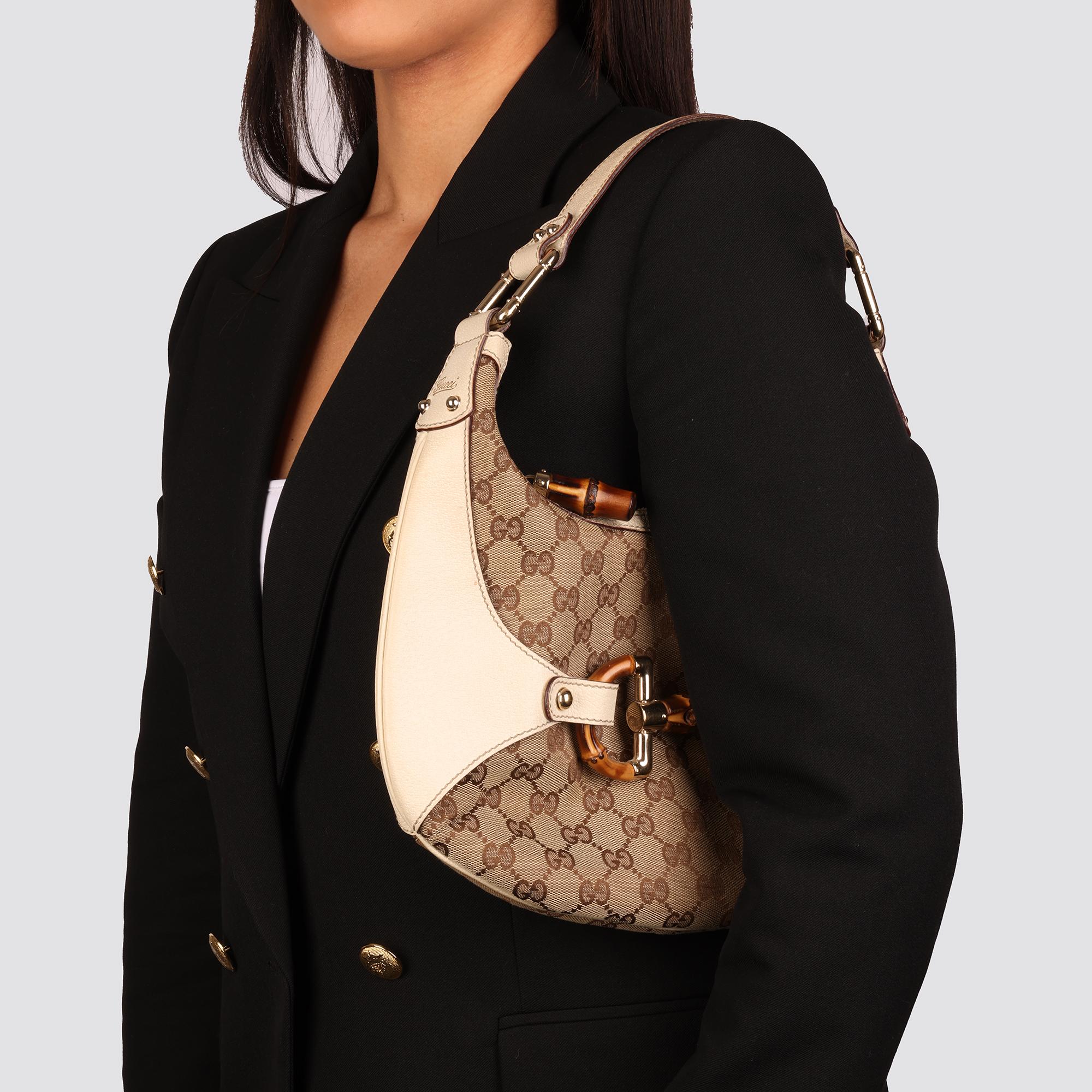 2000 Gucci GG Supreme Canvas & Cream Pigskin Leather Bamboo Shoulder Bag 6
