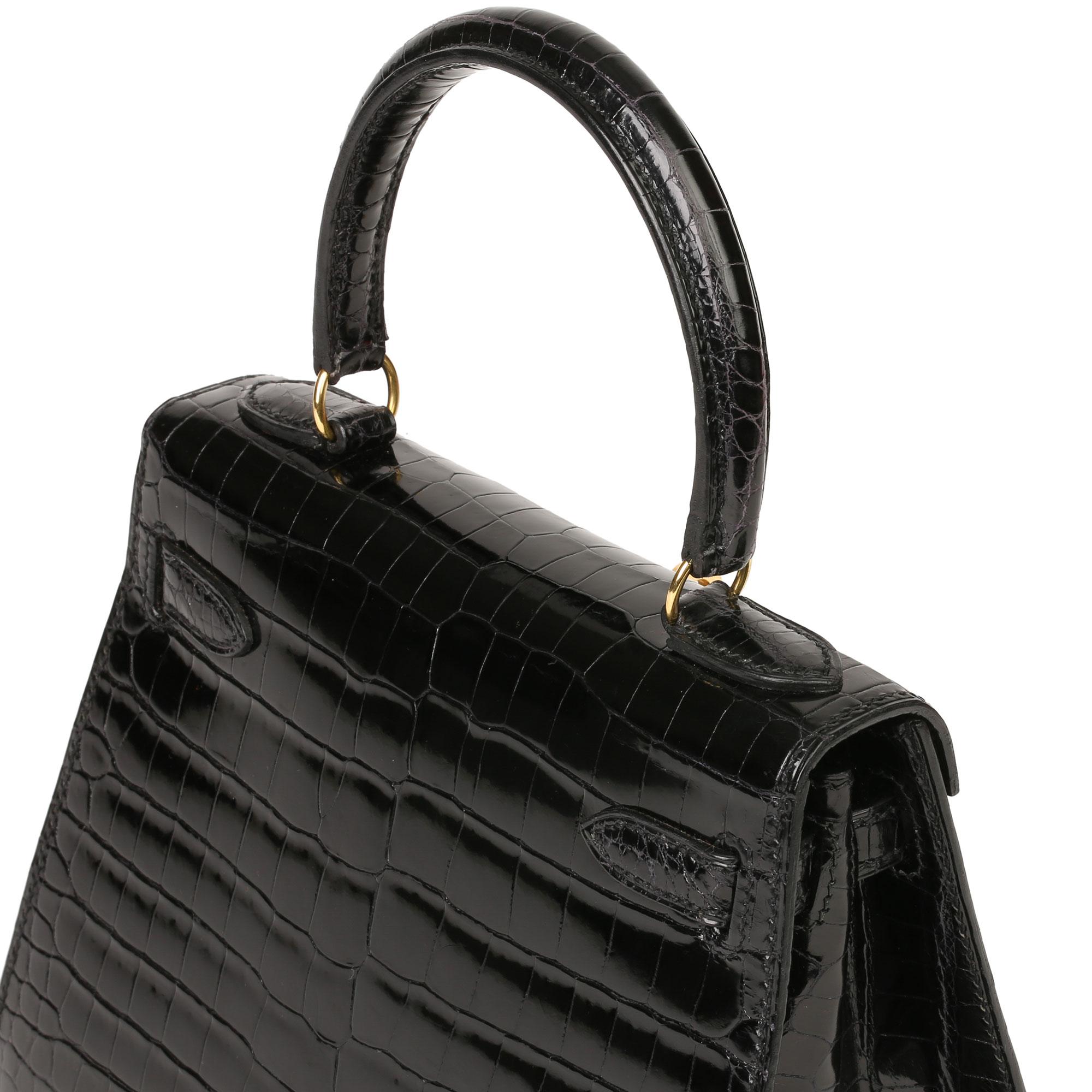Women's 2000 Hermès Black Shiny Porosus Crocodile Leather Vintage Kelly 20cm Sellier