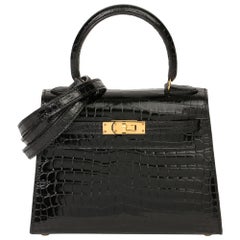 2000 Hermès Cuir Crocodile Porosus Noir Brillant Vintage Kelly 20cm Sellier