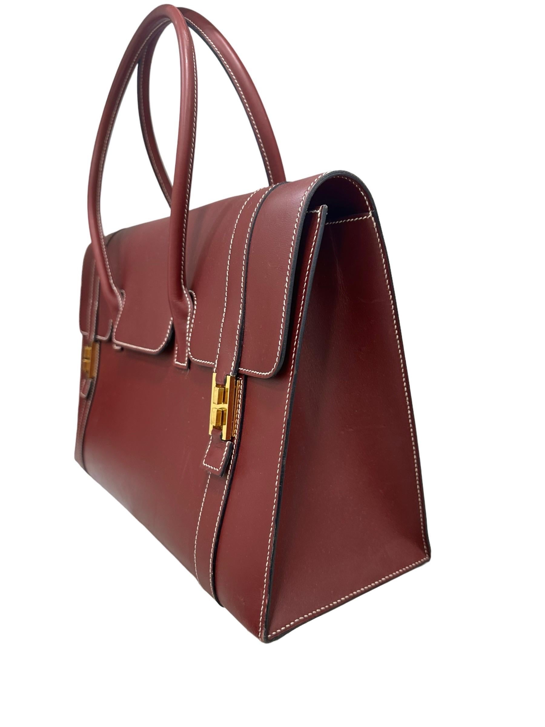 Women's 2000 Hermes Drag Bag Box Calf Rouge Rubis Top Handle Bag