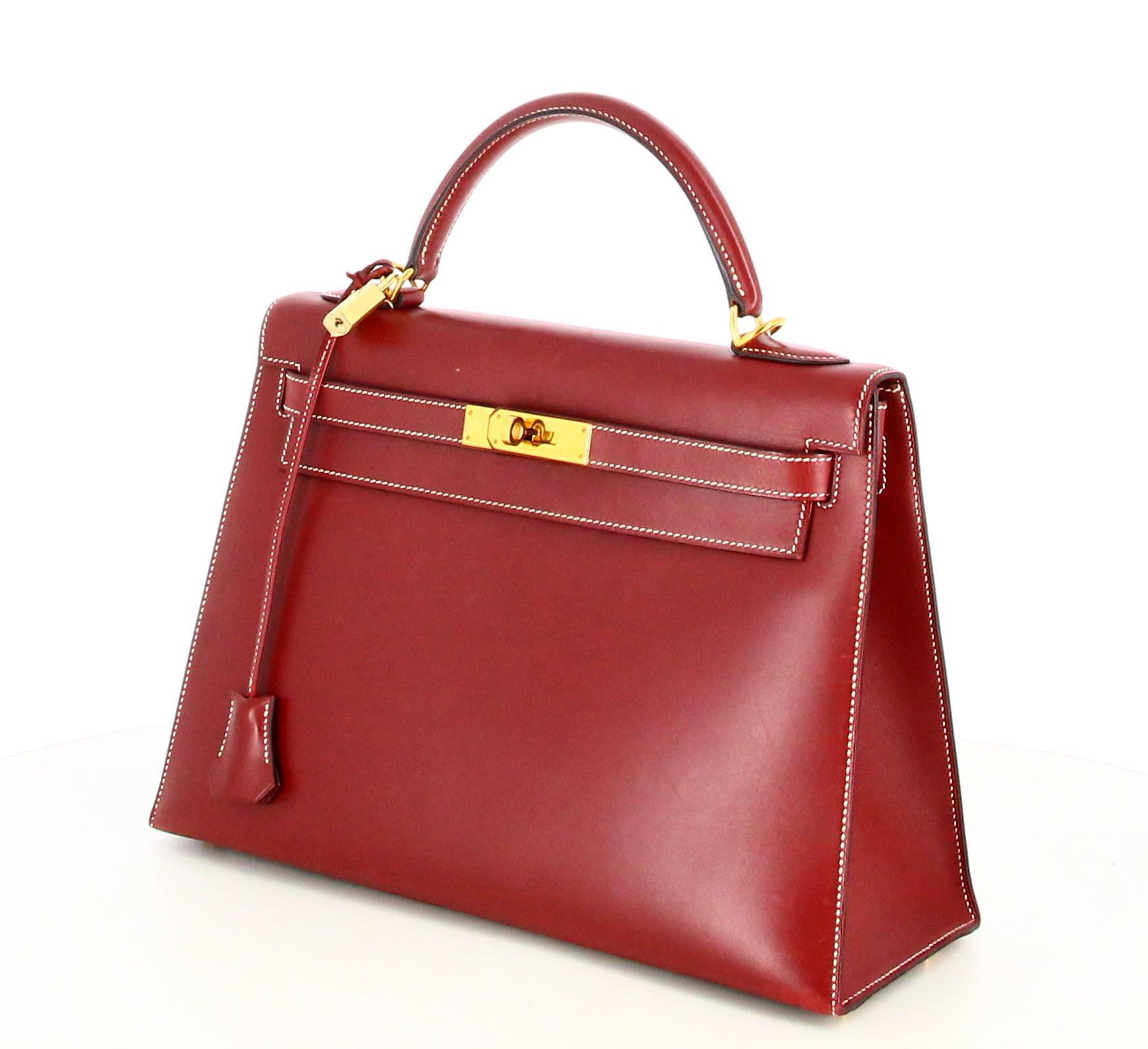 Red 2000 Hermes kelly Sellier 32 in burgundy box leather