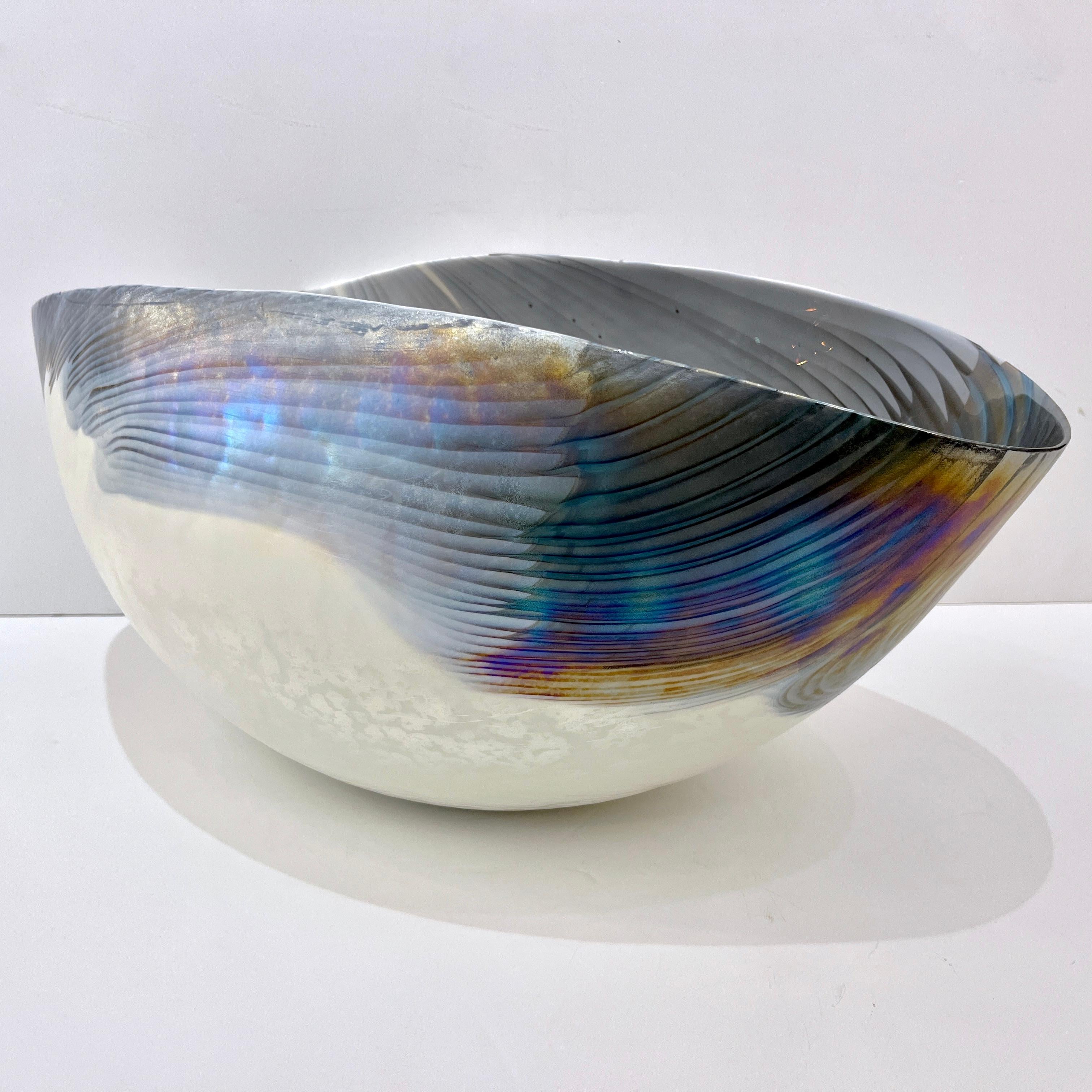 2000 Italian Blue Gray White Taupe Iridescent Murano Glass Monumental Shell Bowl For Sale 4