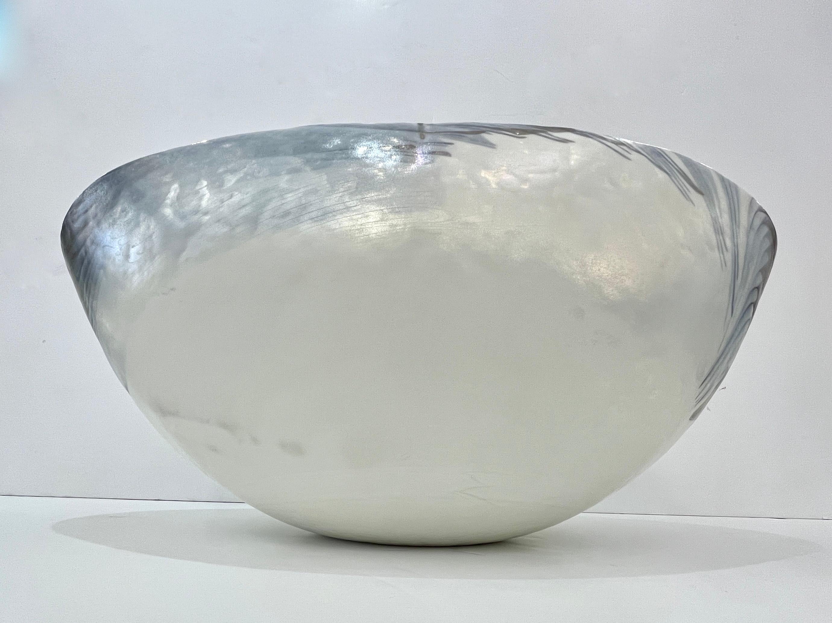 2000 Italian Blue Gray White Taupe Iridescent Murano Glass Monumental Shell Bowl For Sale 5