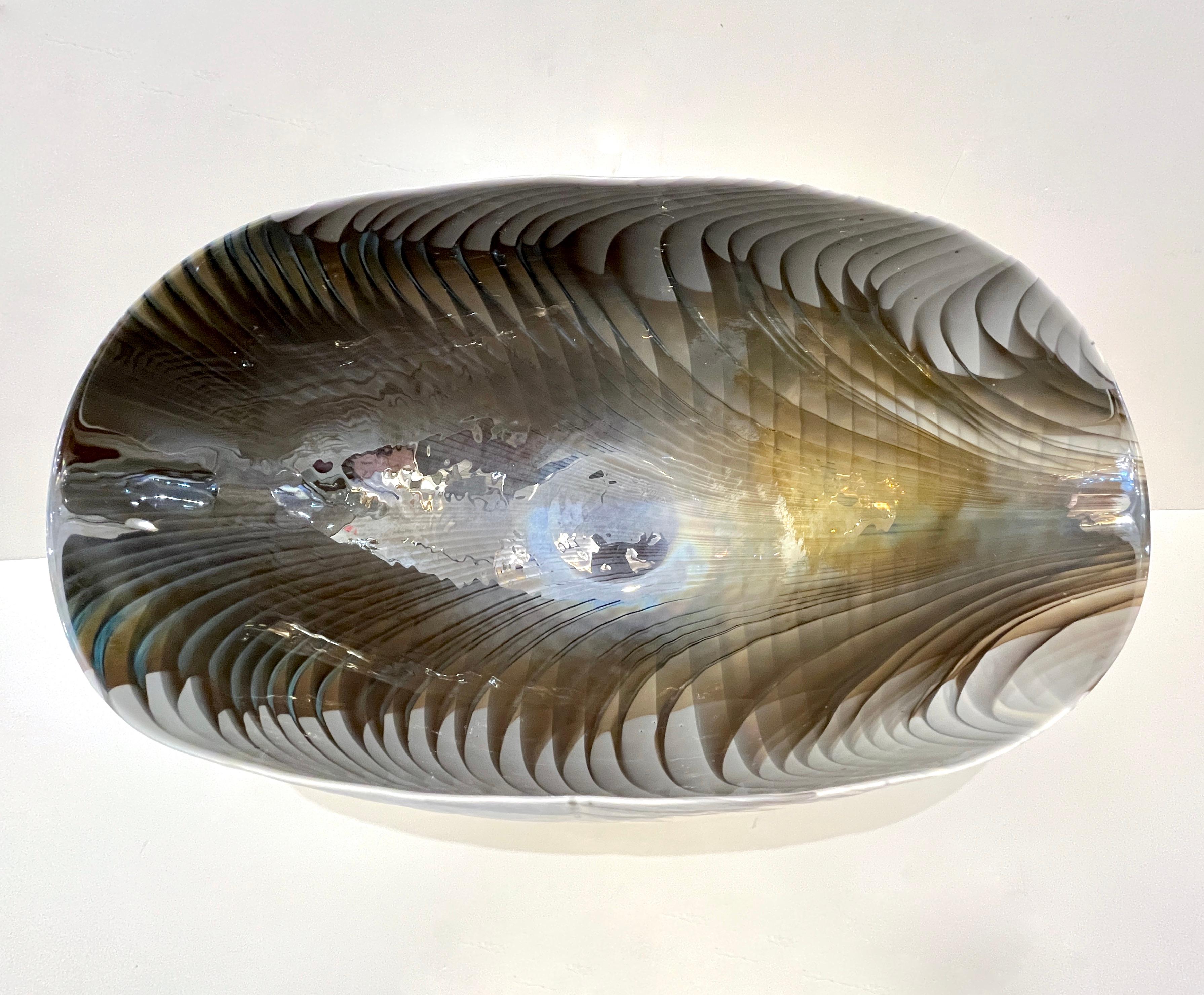 2000 Italian Blue Gray White Taupe Iridescent Murano Glass Monumental Shell Bowl For Sale 8