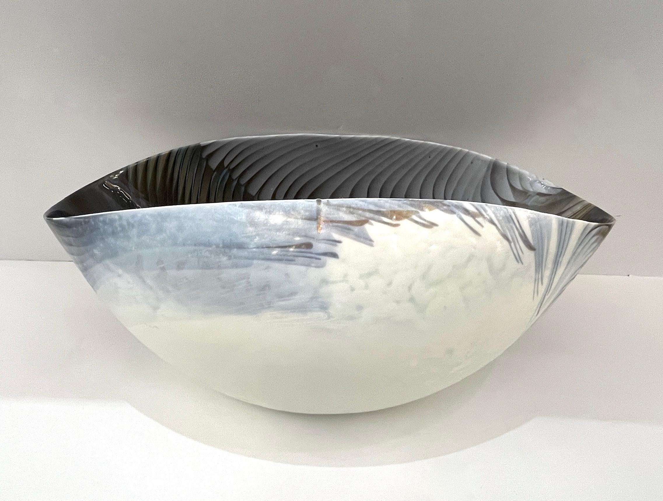 2000 Italian Blue Gray White Taupe Iridescent Murano Glass Monumental Shell Bowl For Sale 9