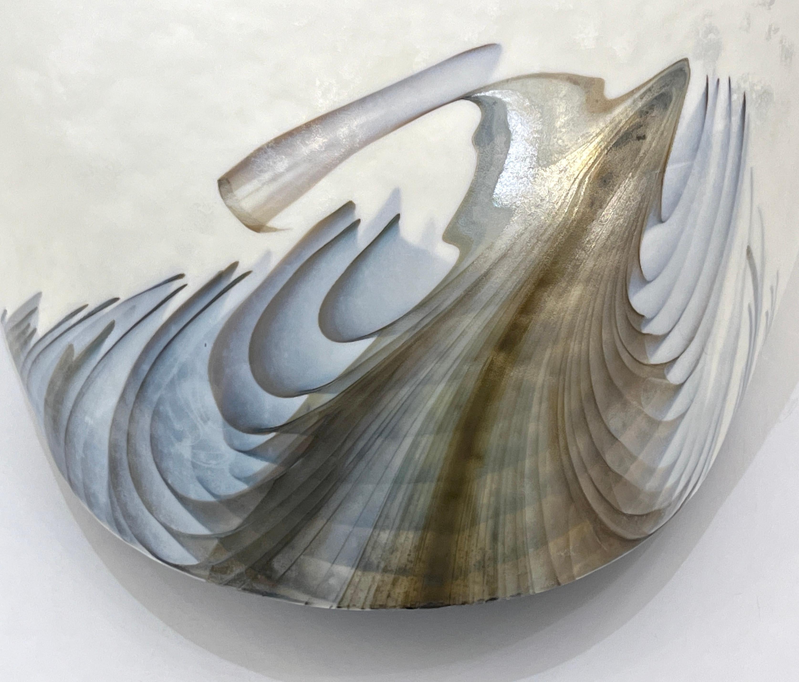 2000 Italian Blue Gray White Taupe Iridescent Murano Glass Monumental Shell Bowl For Sale 9