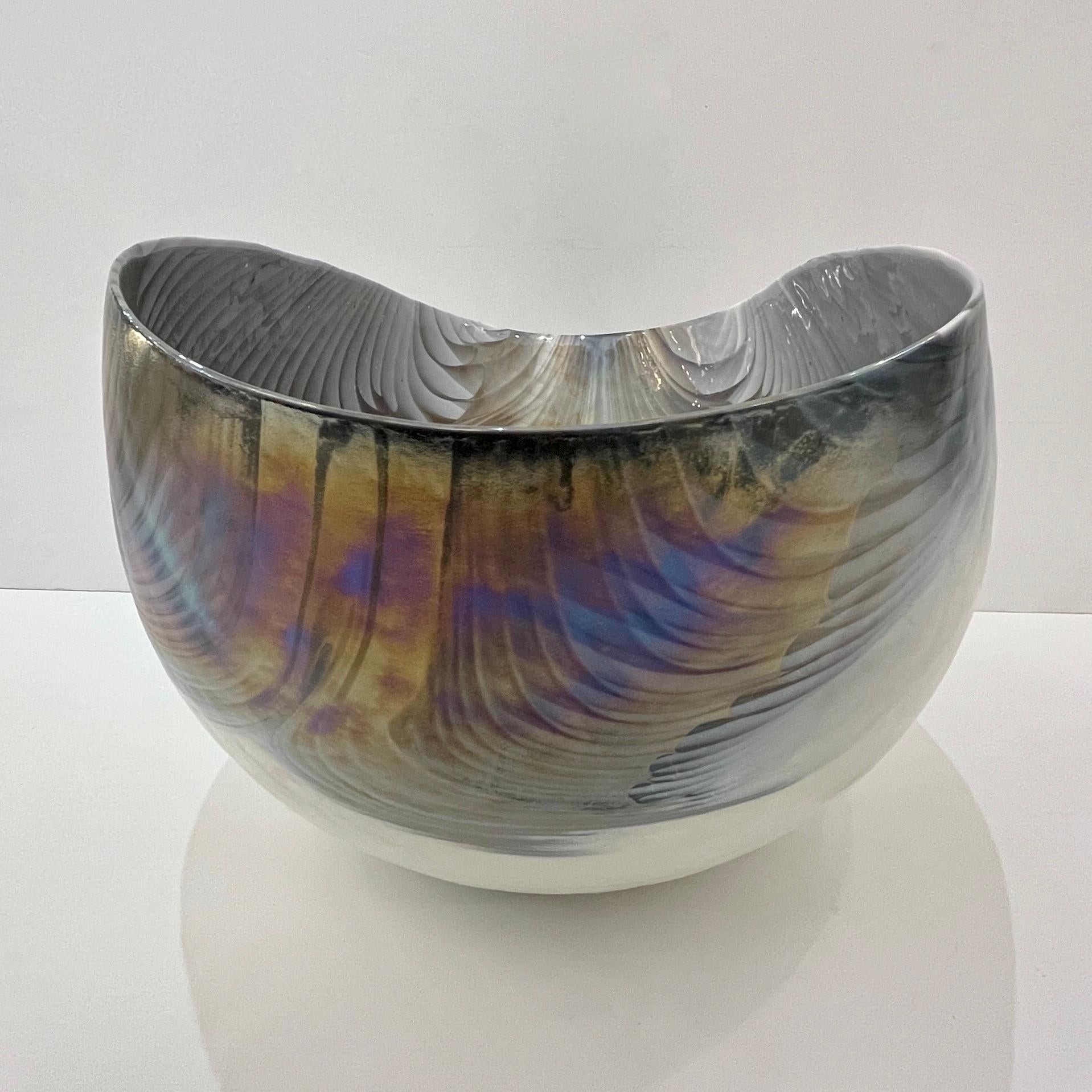 2000 Italian Blue Gray White Taupe Iridescent Murano Glass Monumental Shell Bowl For Sale 10