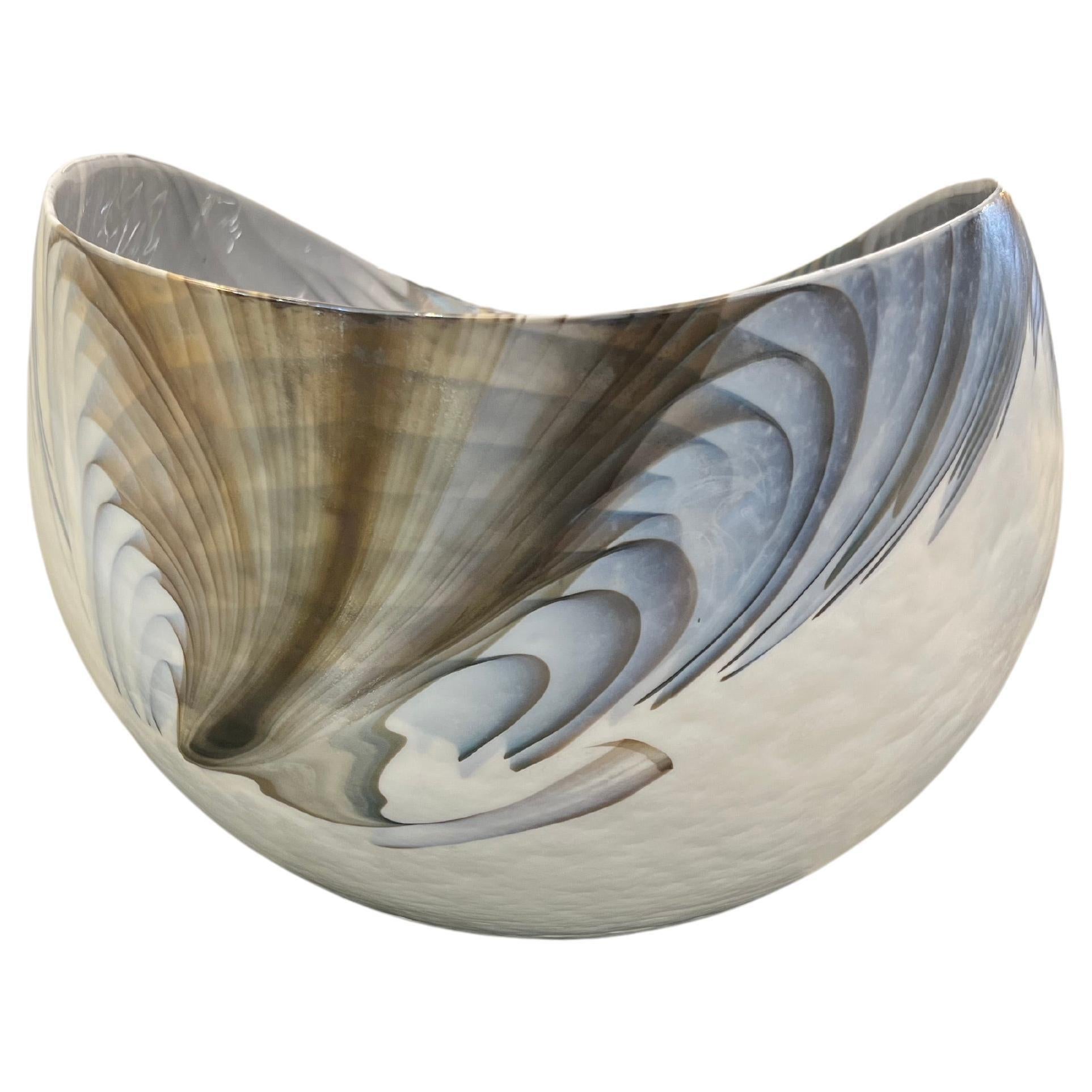 2000 Italian Blue Gray White Taupe Iridescent Murano Glass Monumental Shell Bowl For Sale 12