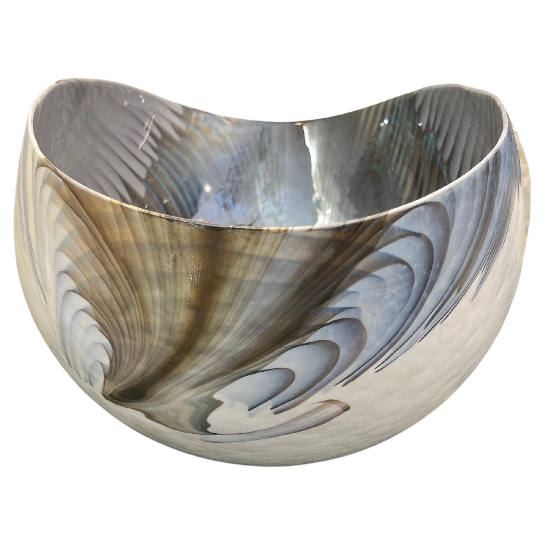 2000 Italian Blue Gray White Taupe Iridescent Murano Glass Monumental Shell Bowl For Sale 13