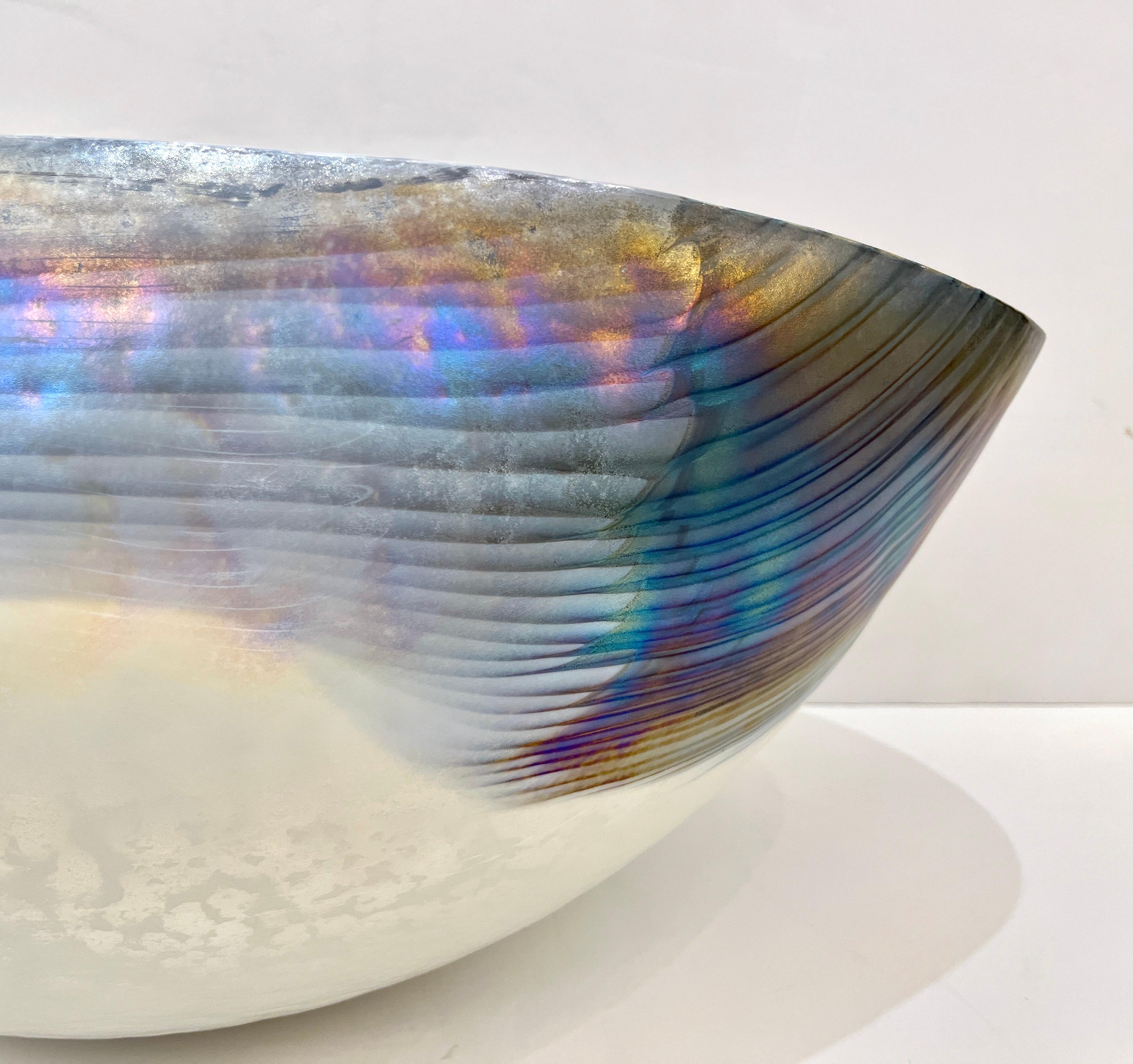 Organic Modern 2000 Italian Blue Gray White Taupe Iridescent Murano Glass Monumental Shell Bowl For Sale