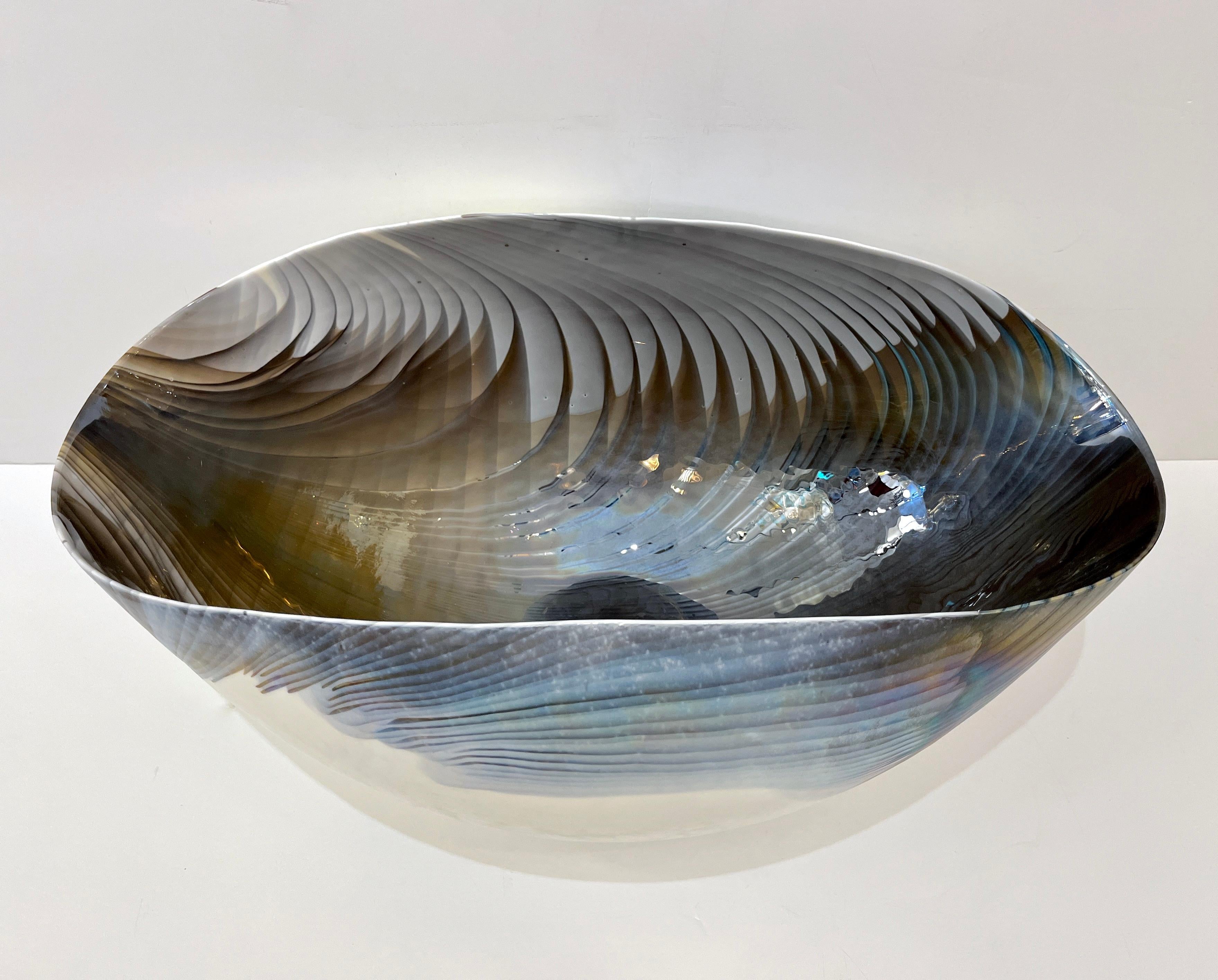 Hand-Crafted 2000 Italian Blue Gray White Taupe Iridescent Murano Glass Monumental Shell Bowl For Sale