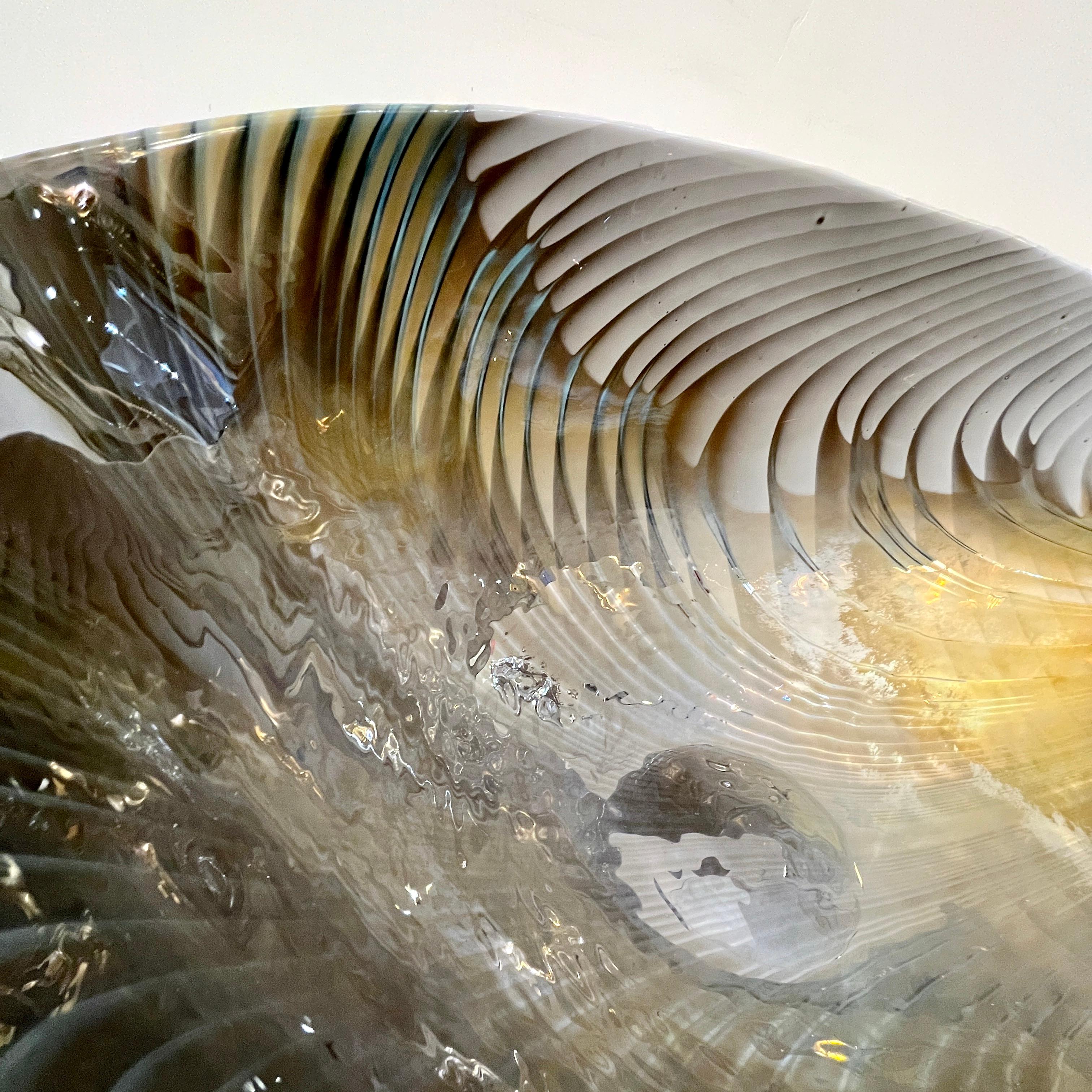 Contemporary 2000 Italian Blue Gray White Taupe Iridescent Murano Glass Monumental Shell Bowl For Sale