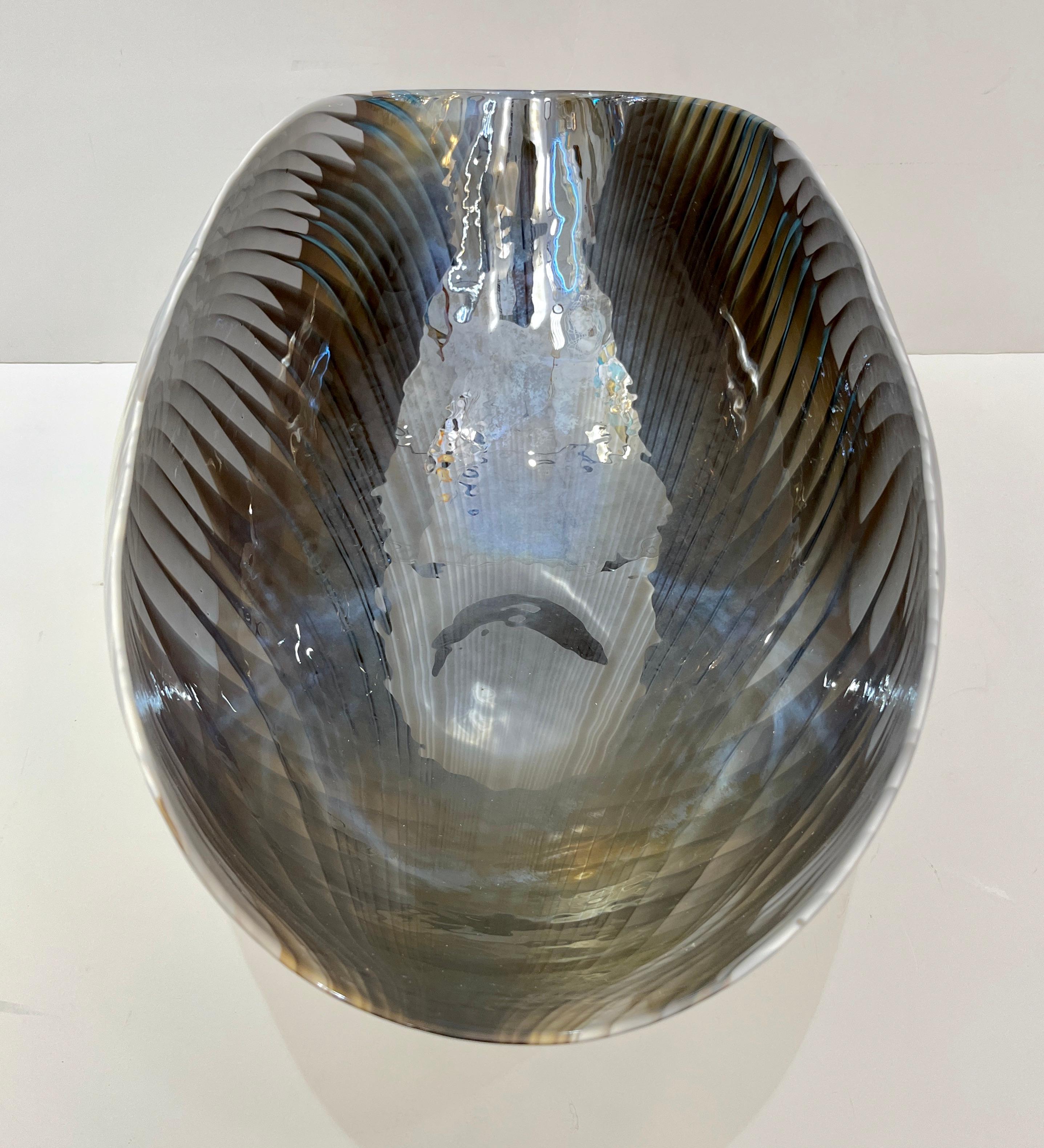 Contemporary 2000 Italian Blue Gray White Taupe Iridescent Murano Glass Monumental Shell Bowl For Sale