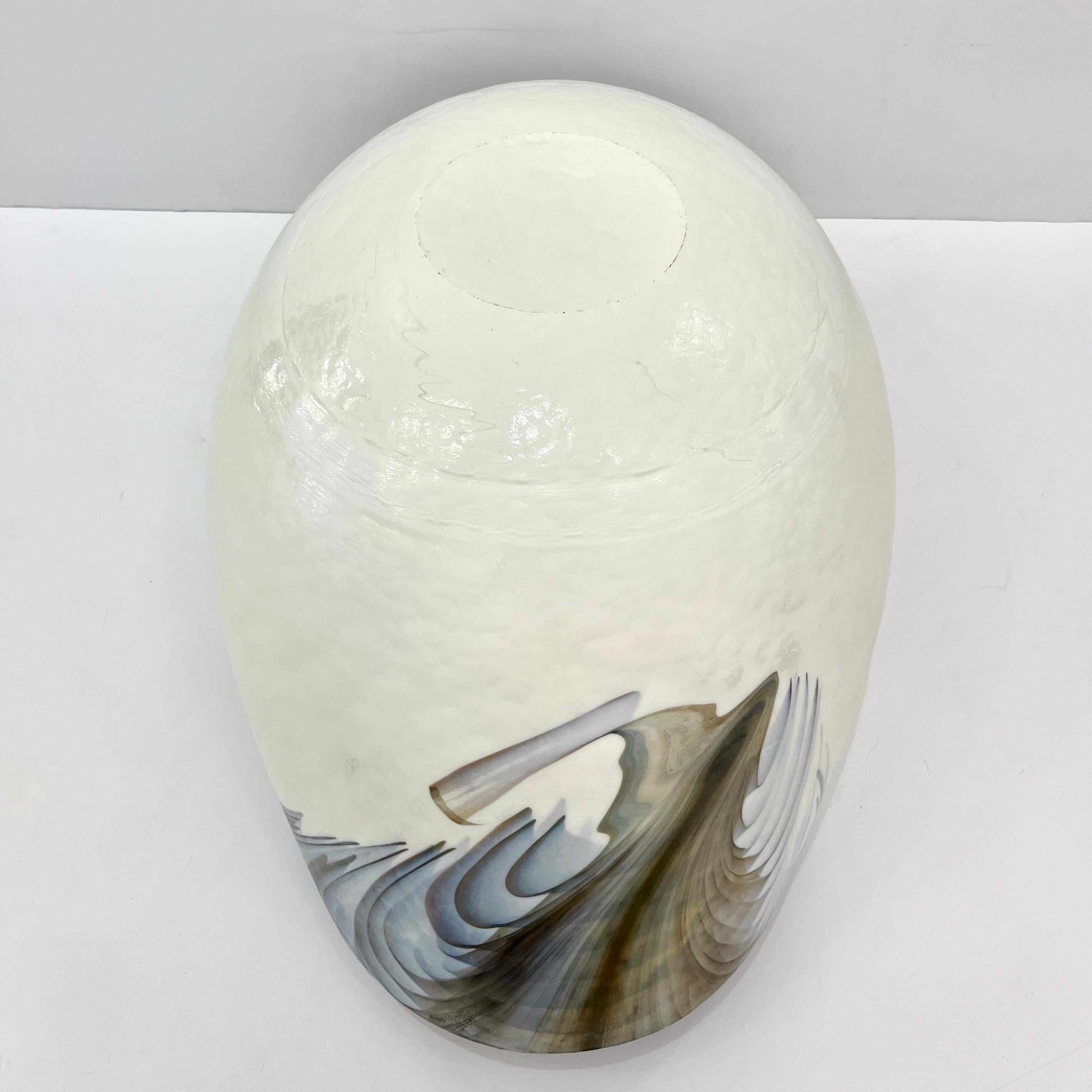 2000 Italian Blue Gray White Taupe Iridescent Murano Glass Monumental Shell Bowl For Sale 1