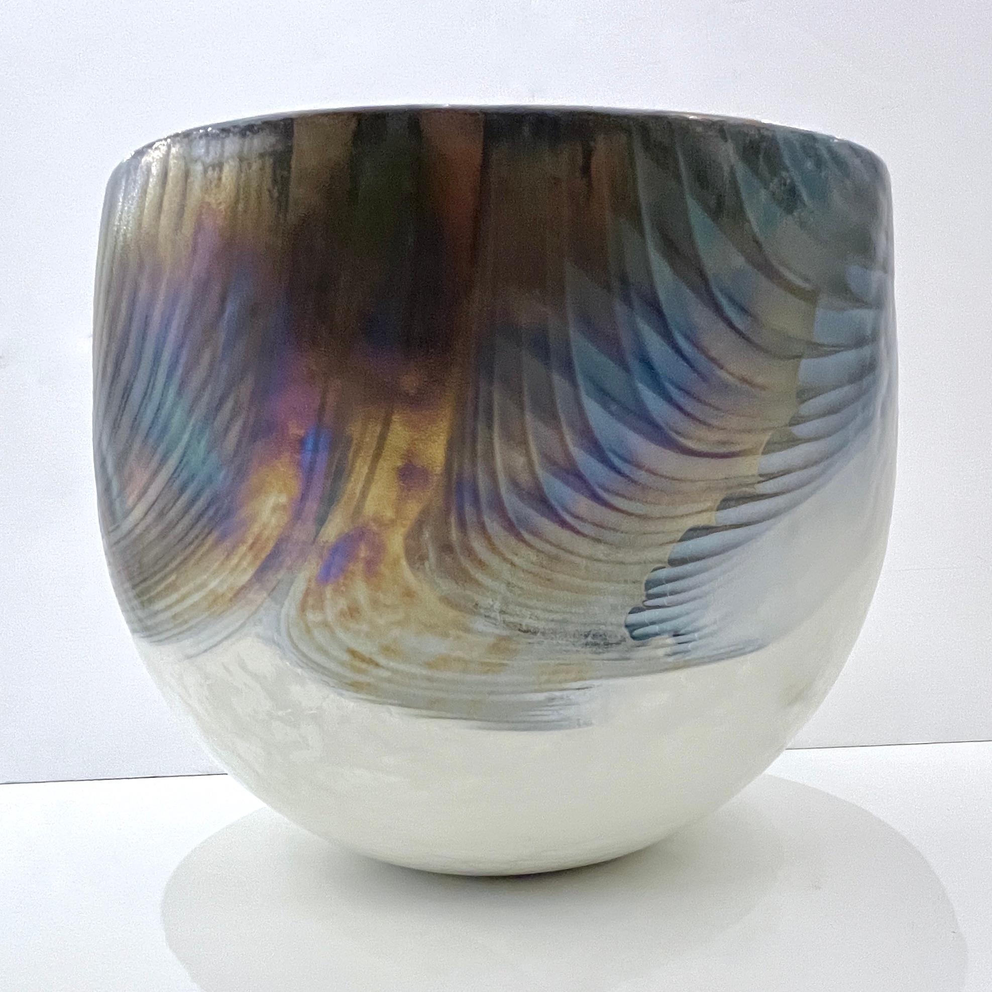 2000 Italian Blue Gray White Taupe Iridescent Murano Glass Monumental Shell Bowl For Sale 3