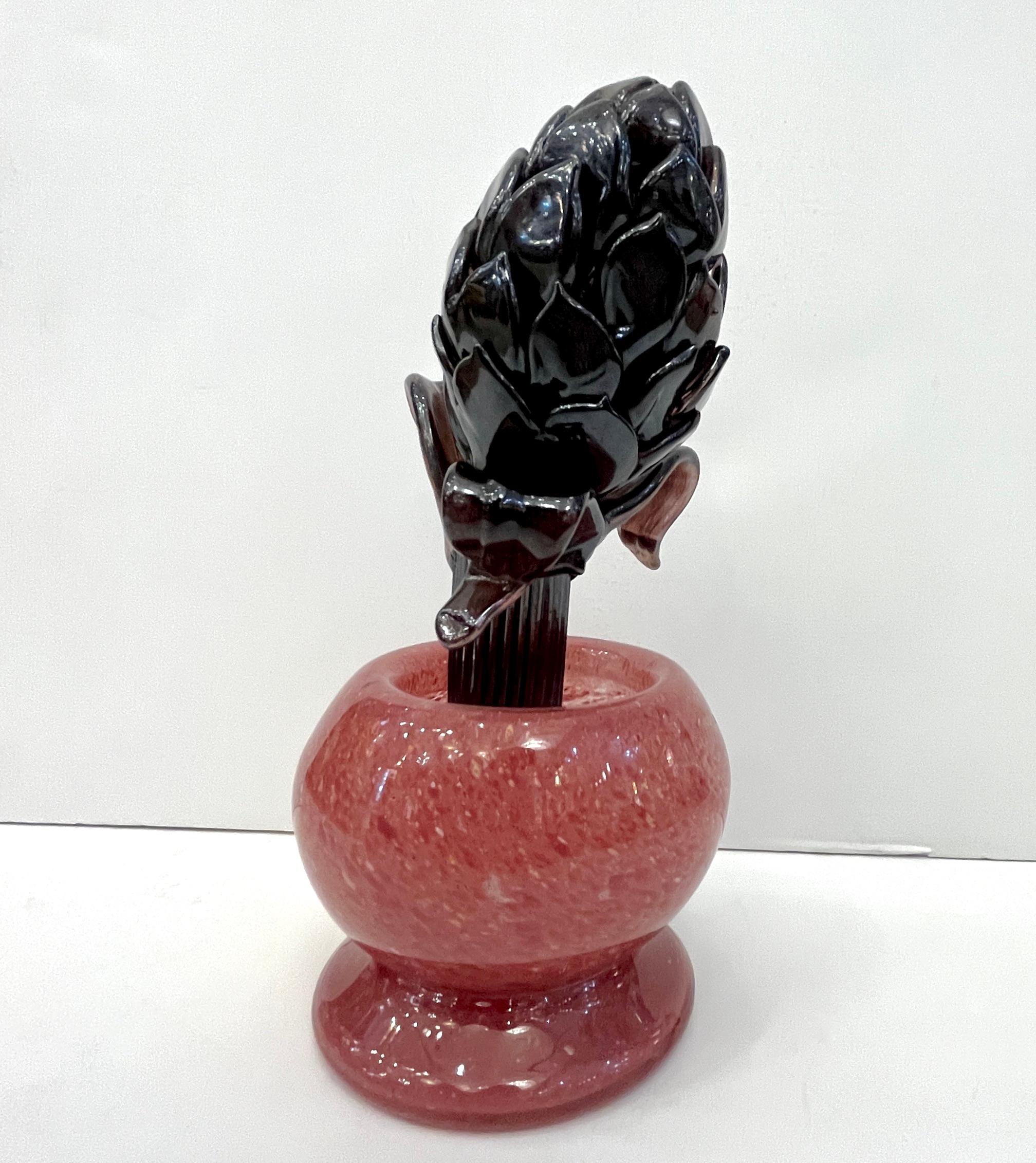 2000 Italian Dark Purple Murano Art Glass Artichoke Flower Plant in Red Pink Pot For Sale 6