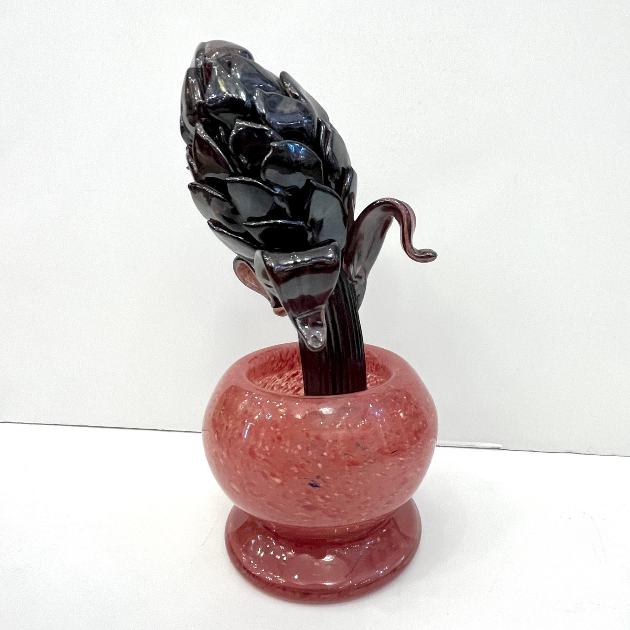 2000 Italian Dark Purple Murano Art Glass Artichoke Flower Plant in Red Pink Pot For Sale 8