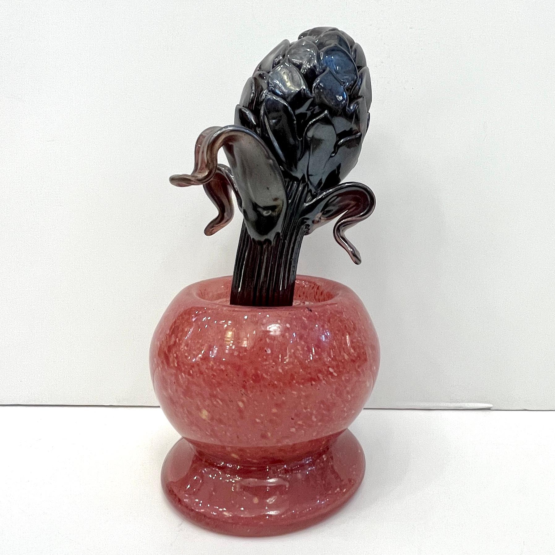 2000 Italian Dark Purple Murano Art Glass Artichoke Flower Plant in Red Pink Pot For Sale 9