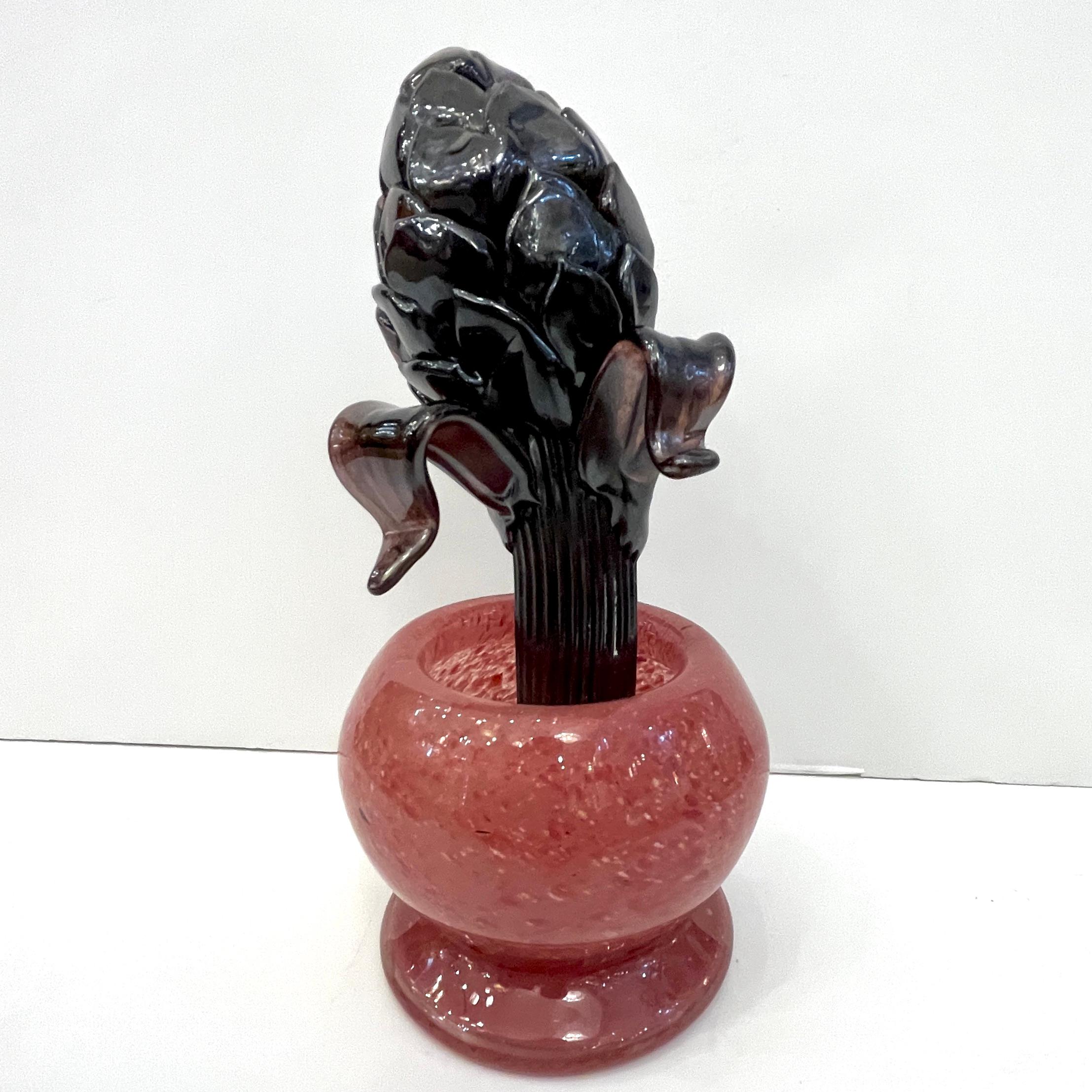 2000 Italian Dark Purple Murano Art Glass Artichoke Flower Plant in Red Pink Pot For Sale 10