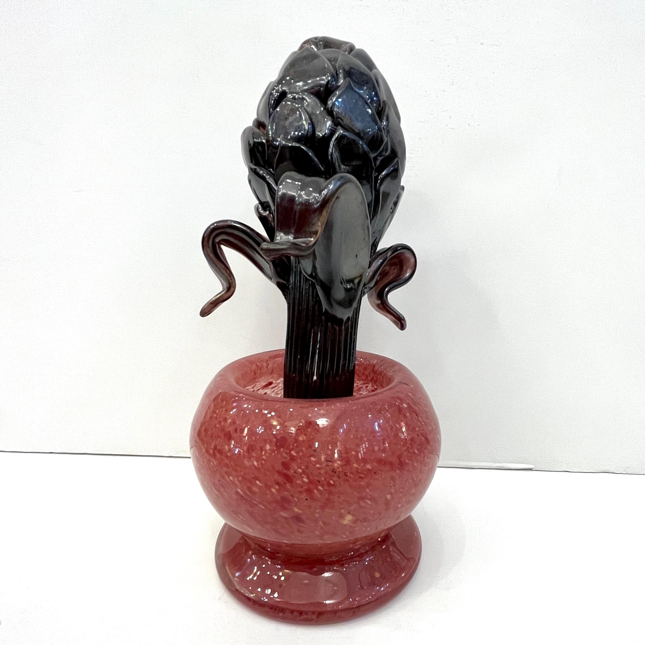 Organic Modern 2000 Italian Dark Purple Murano Art Glass Artichoke Flower Plant in Red Pink Pot For Sale