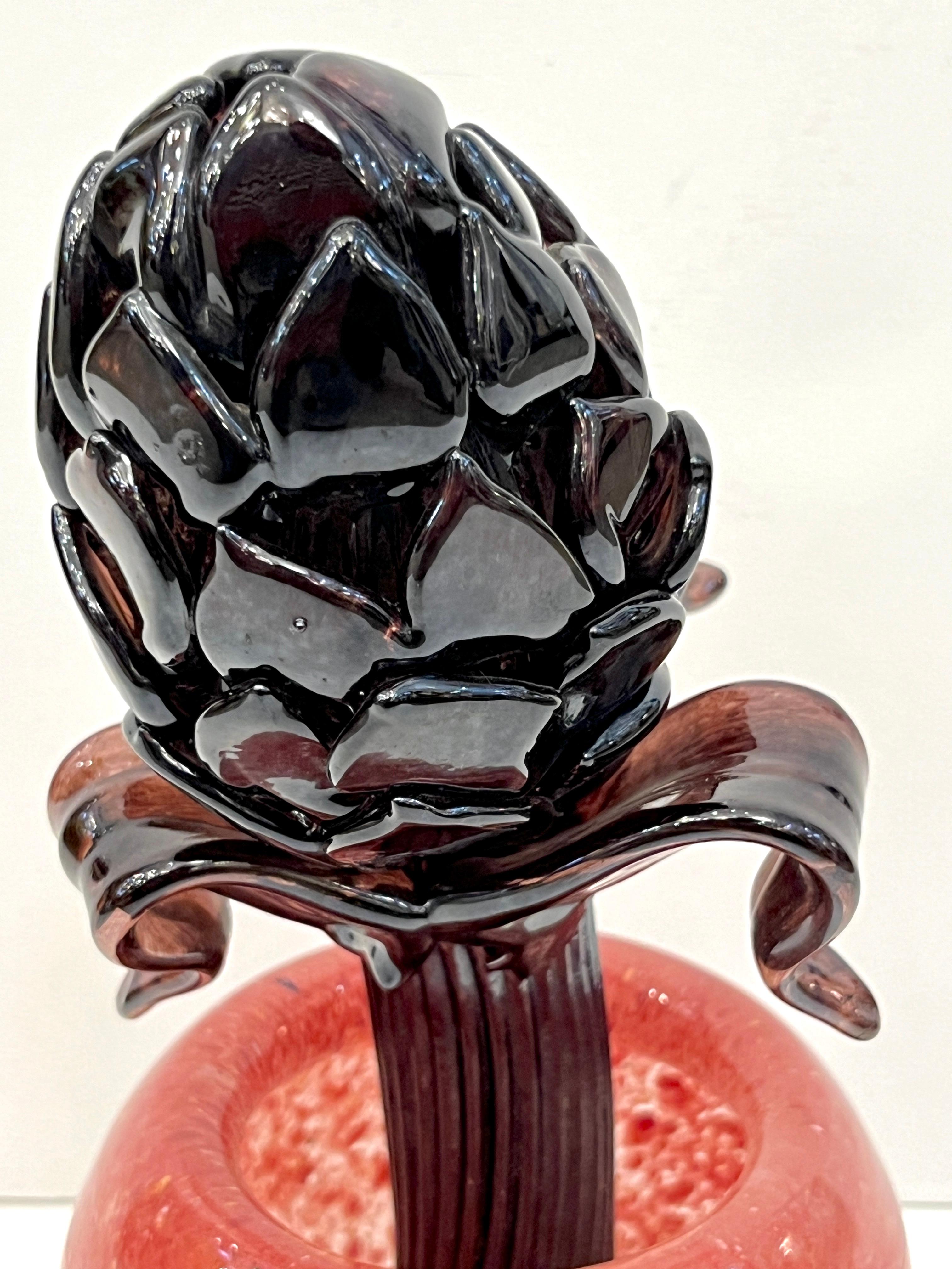 2000 Italian Dark Purple Murano Art Glass Artichoke Flower Plant in Red Pink Pot For Sale 1