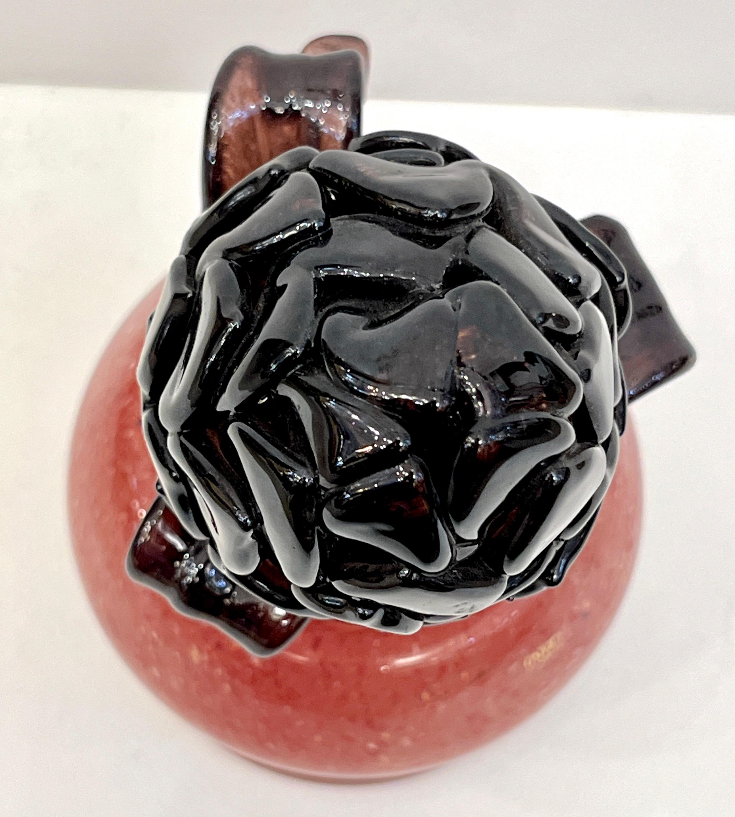 2000 Italian Dark Purple Murano Art Glass Artichoke Flower Plant in Red Pink Pot For Sale 2