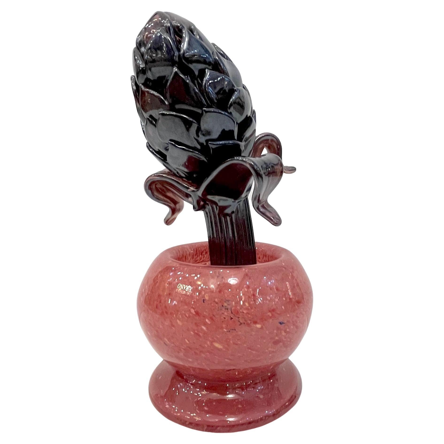 2000 Italian Dark Purple Murano Art Glass Artichoke Flower Plant in Red Pink Pot For Sale