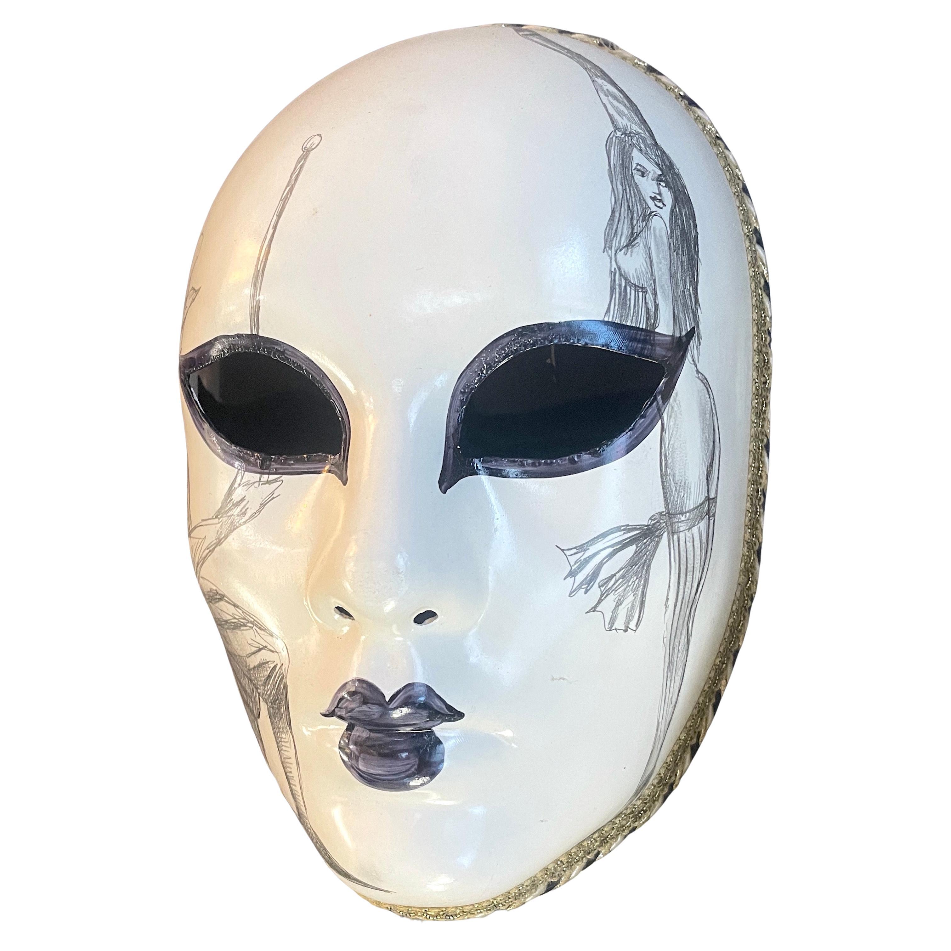 2000 Italian Venetian Handcrafted Pencil Black White Gold Modern Carnival Mask For Sale