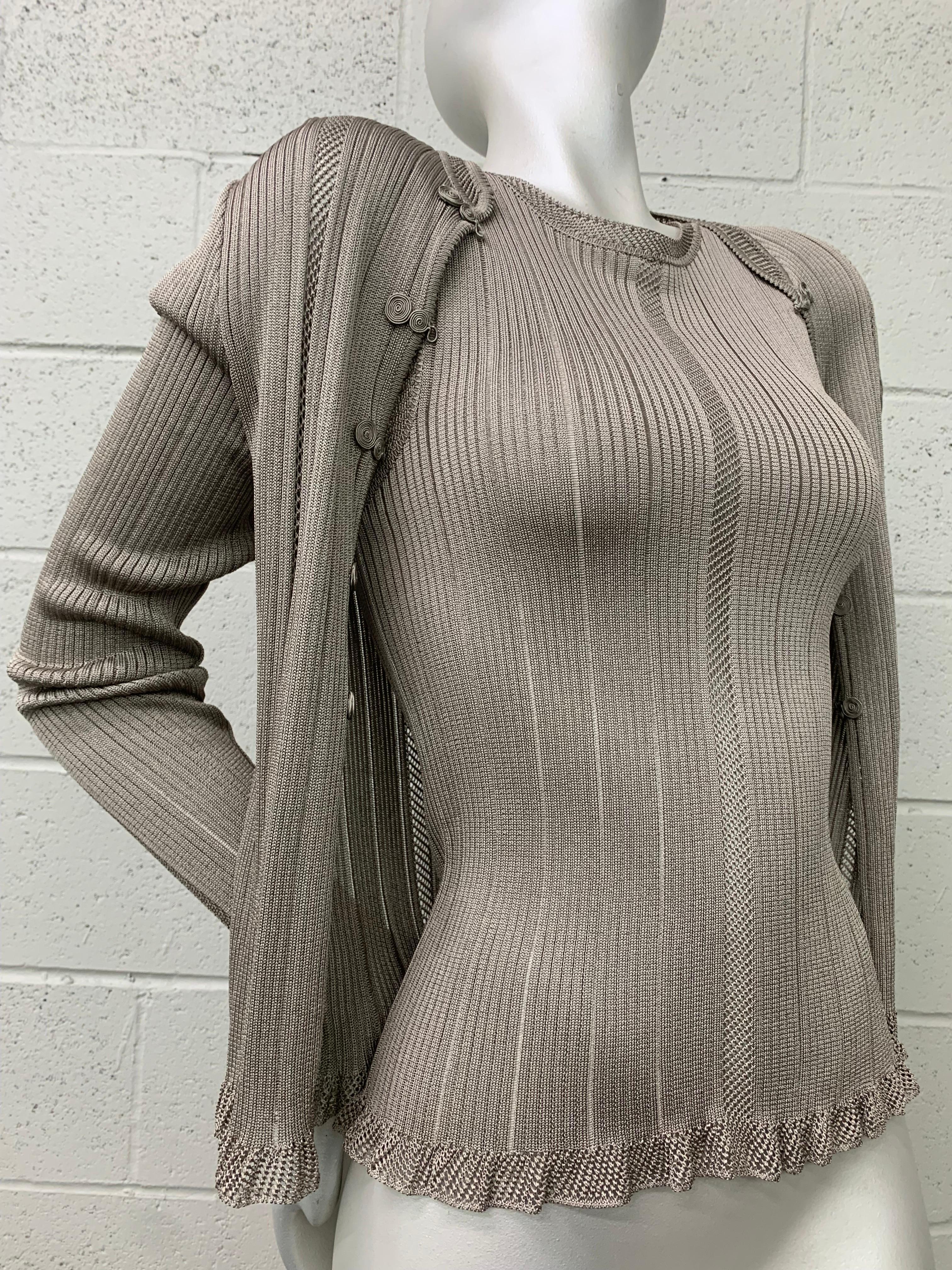 2000 John Galliano Dove Gray Viscose Rib-Knit Twin Set w Lightly Ruffled Edges: Sleeveless tank under piece with long-sleeved cardigan sweater. With corded medallion frog closures. New, never worn. Size Medium.