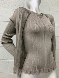 2000 John Galliano Dove Gray Viscose Rib-Knit Twin Set w Lightly Ruffled Edges