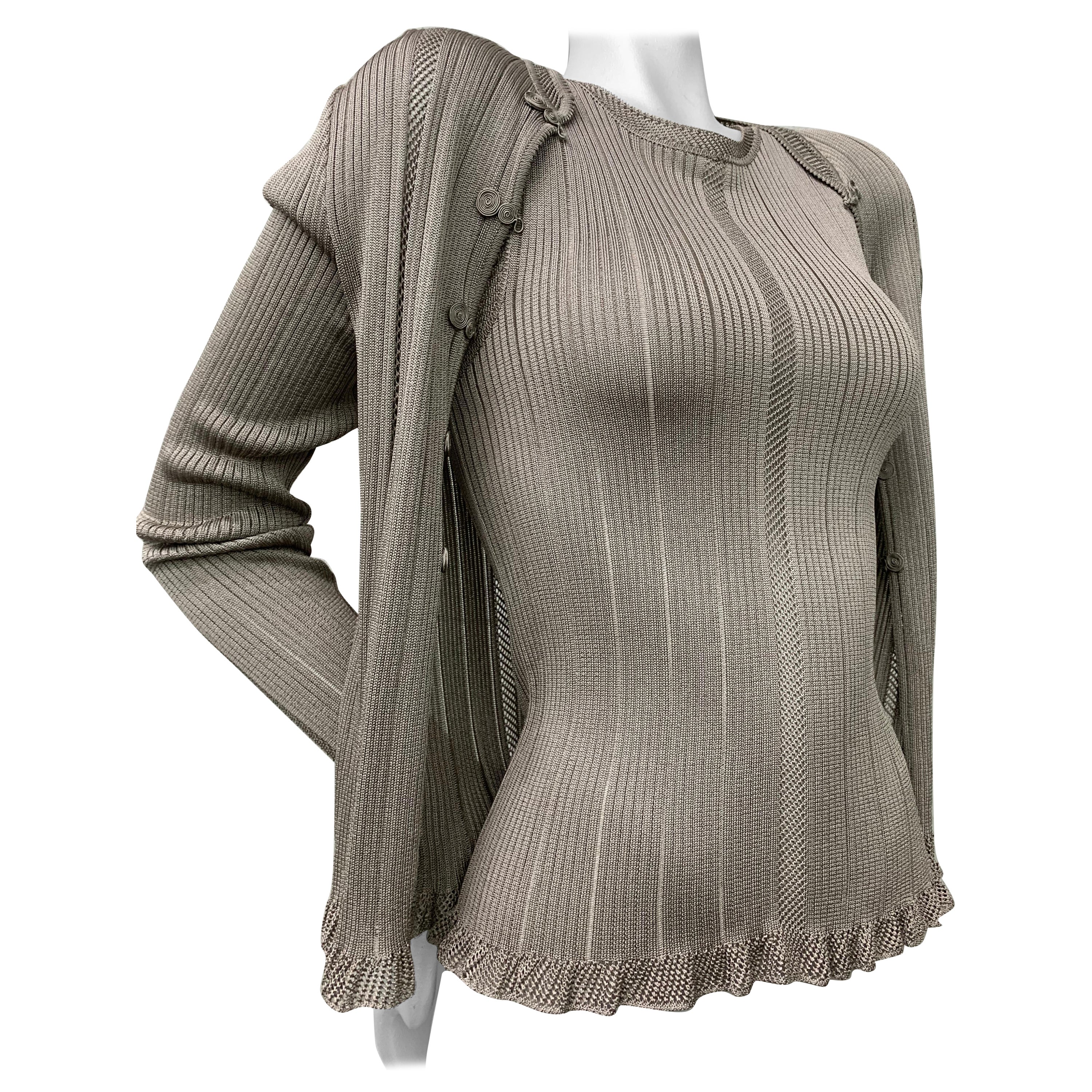 2000 John Galliano Dove Gray Viscose Rib-Knit Twin Set w Lightly Ruffled Edges For Sale