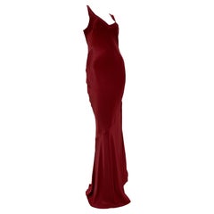 2000 John Galliano Raspberry Red Bias Cut Satin Gown w/ Flared Train & Side Slit