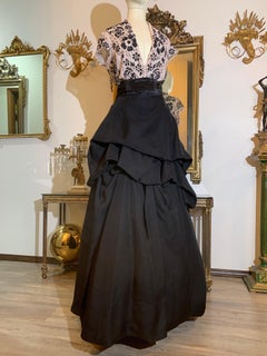 2000 Monique Lhuillier Black Silk Bustle Ball Skirt Beaded Top & Sash Ensemble