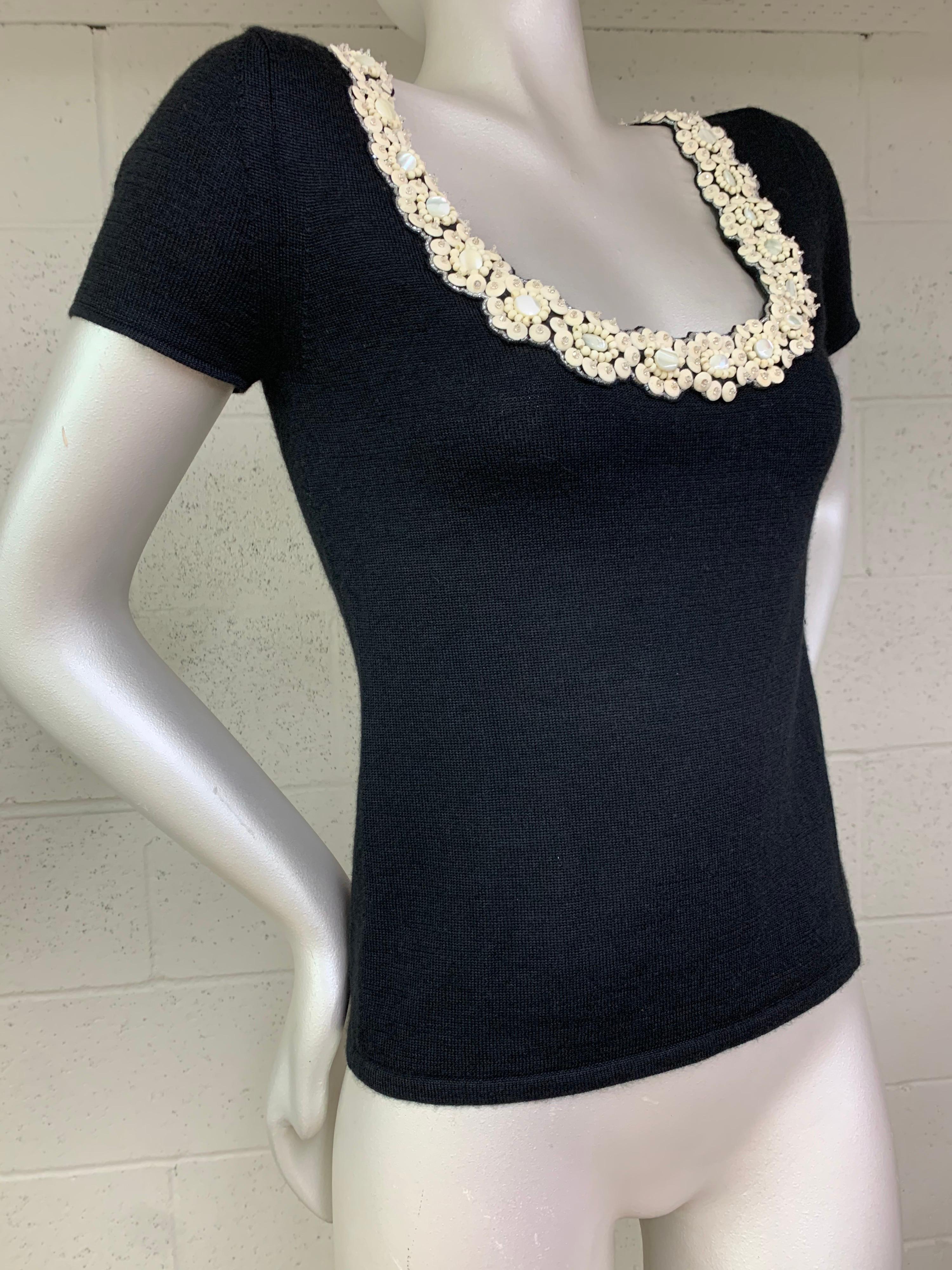 Women's 2000 Naeem Khan Black Knit Cashmere Sweater w/ Cream Beadwork Neckline