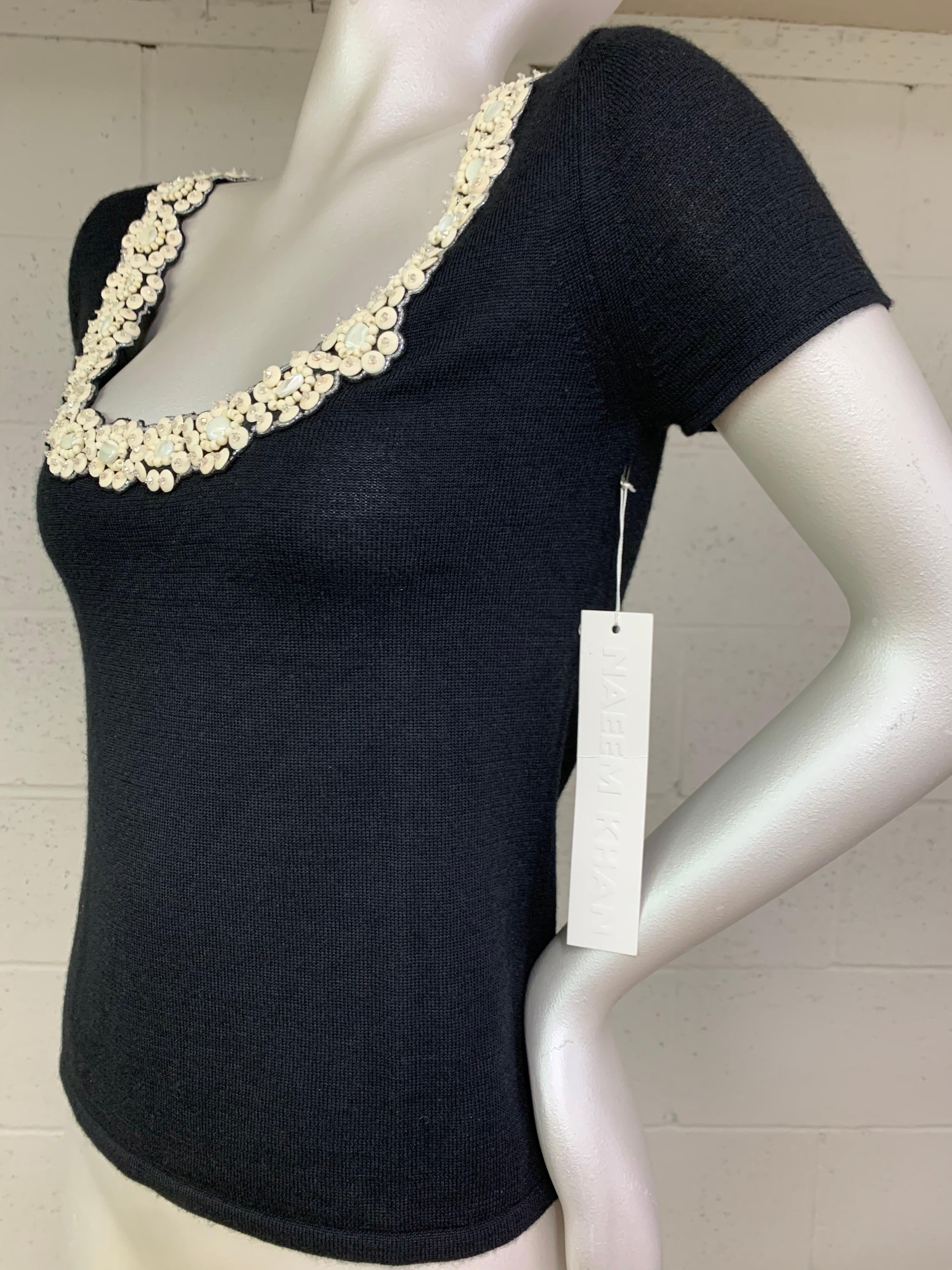 2000 Naeem Khan Black Knit Cashmere Sweater w/ Cream Beadwork Neckline 3