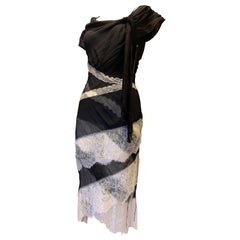 2000  Nina Ricci Black Pleated Bias Cut Silk Chiffon Dress w Pink Lace Insets