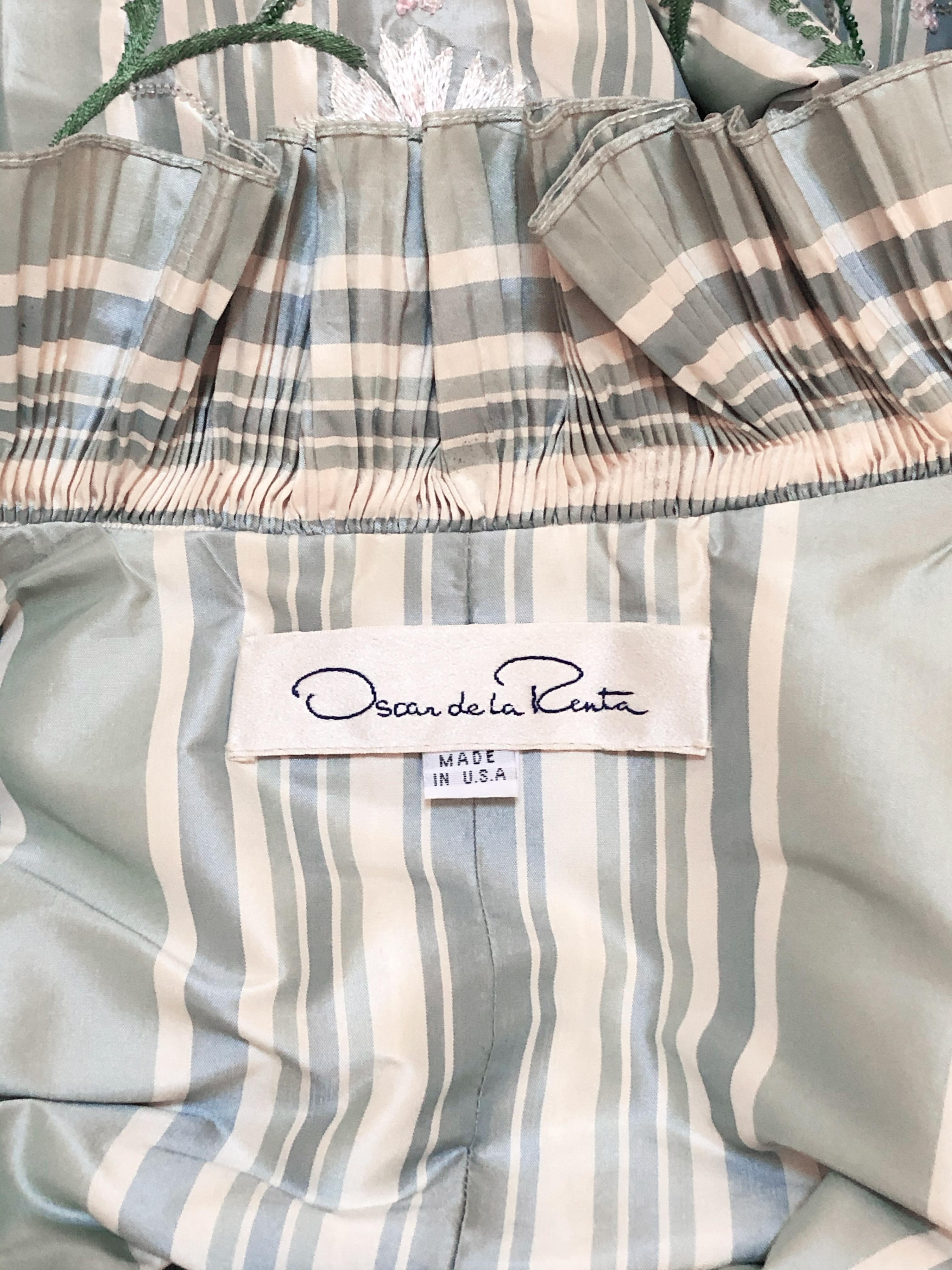 2000 Oscar de la Renta French Green Stripe Tissue Silk Floral Embroidered Jacket In Excellent Condition In Gresham, OR