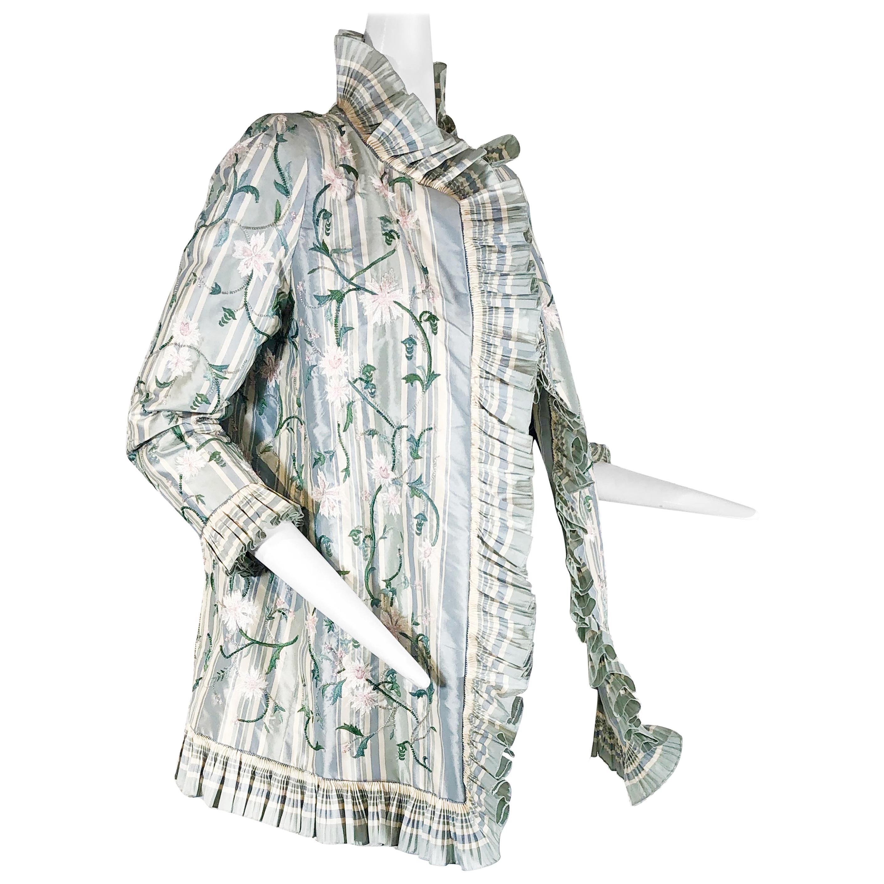 2000 Oscar de la Renta French Green Stripe Tissue Silk Floral Embroidered Jacket