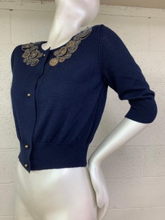 2000 Oscar De La Renta Navy Cashmere Knit Sweater w/ Brass Coil & Beadwork Trim