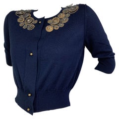 2000 Oscar De La Renta Navy Cashmere Knit Sweater w/ Brass Coil 
Beadwork Trim