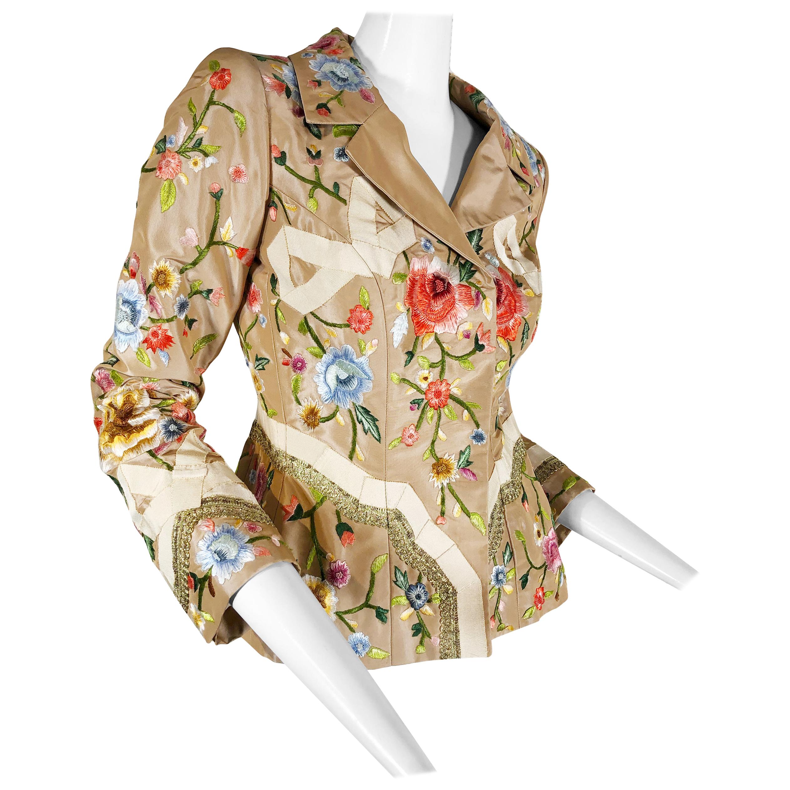 2000 Oscar de la Renta Poly Chrome Floral Embroidered Taupe Silk Jacket Size 4 