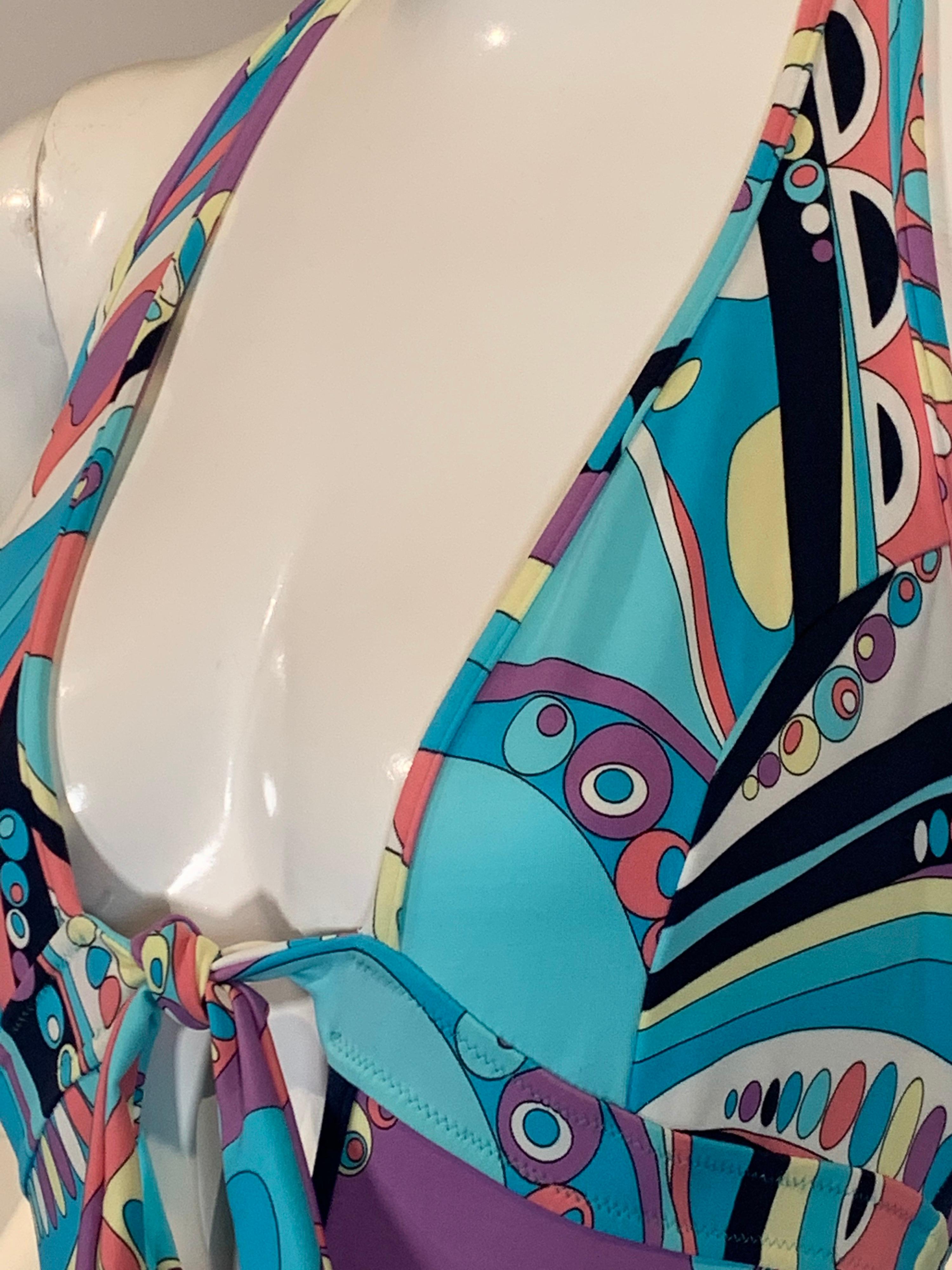 2000 Pucci Aqua Purple and Yellow Print Swimsuit W/Tie Front Size 38 2