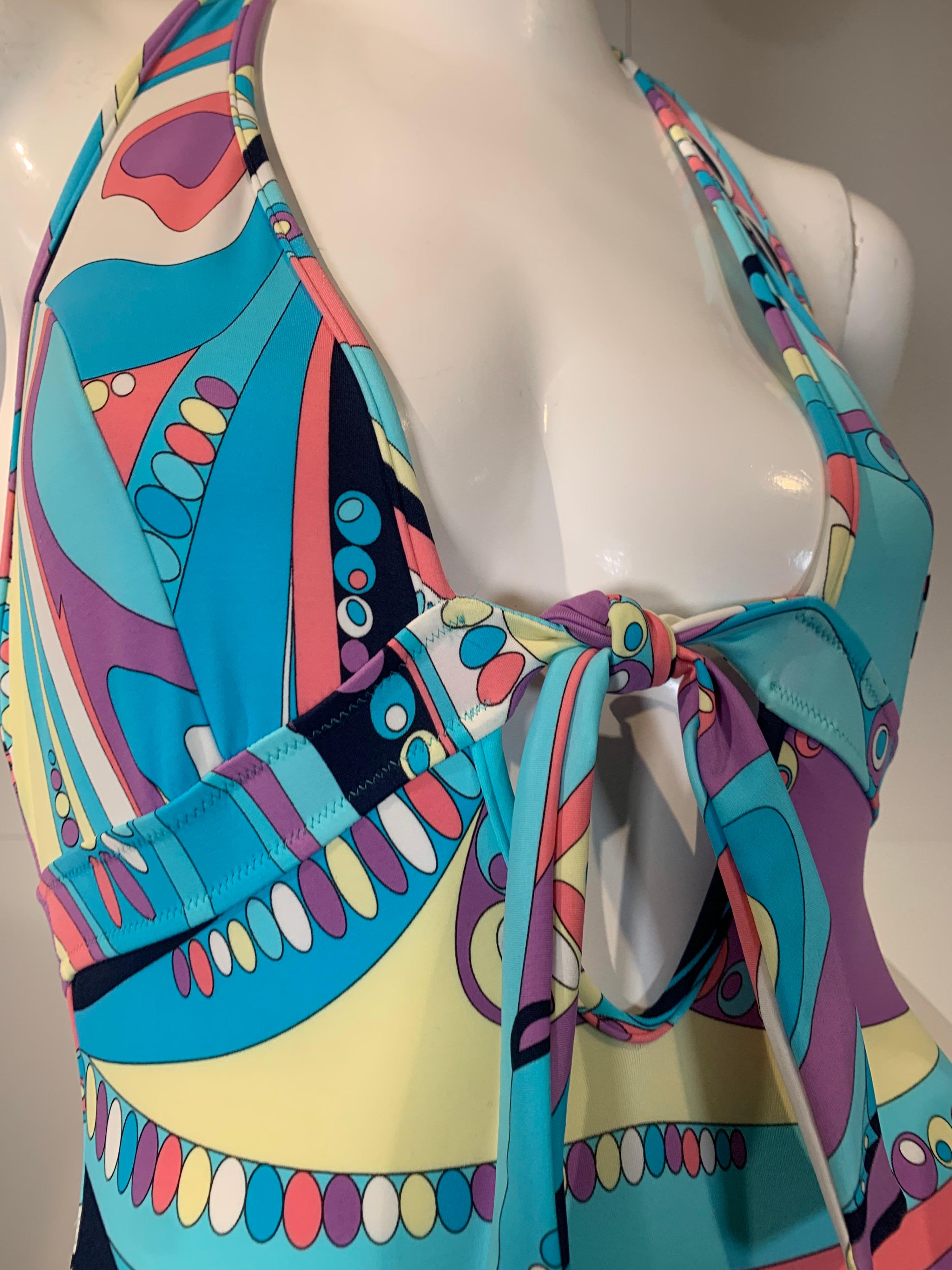 2000s Pucci spandex lycra swimsuit in a classic Pucci print: A sexy cord tie at front decolletage makes this suit, irresistible. New without tags. Marked Italian size 38. Fits a US size 2. 