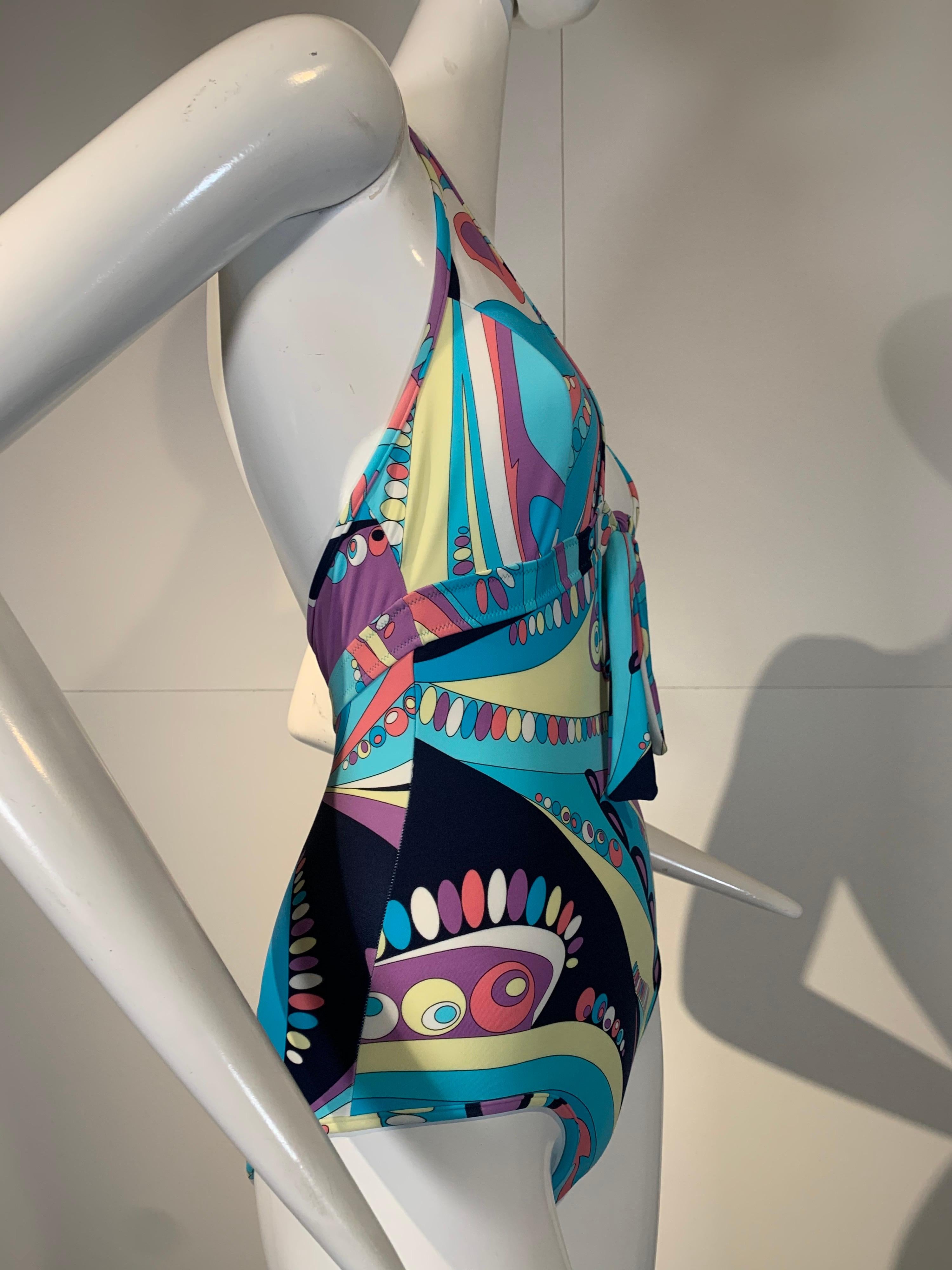 2000 Pucci Aqua Purple and Yellow Print Swimsuit W/Tie Front Size 38 In New Condition In Gresham, OR