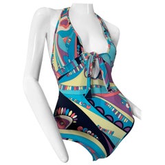 Pucci - Maillot de bain imprimé bleu turquoise et jaune avec nœud papillon sur le devant, taille 38, 2000