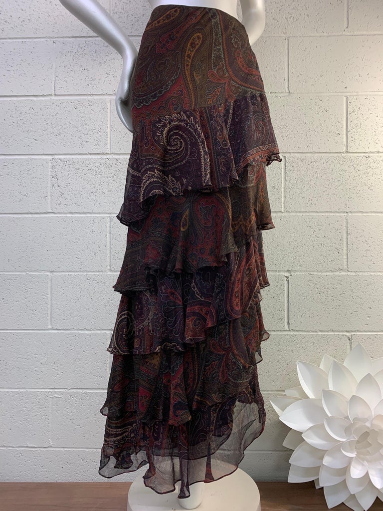 2000 Ralph Lauren Paisley Silk Chiffon Tiered Ruffled Long Skirt