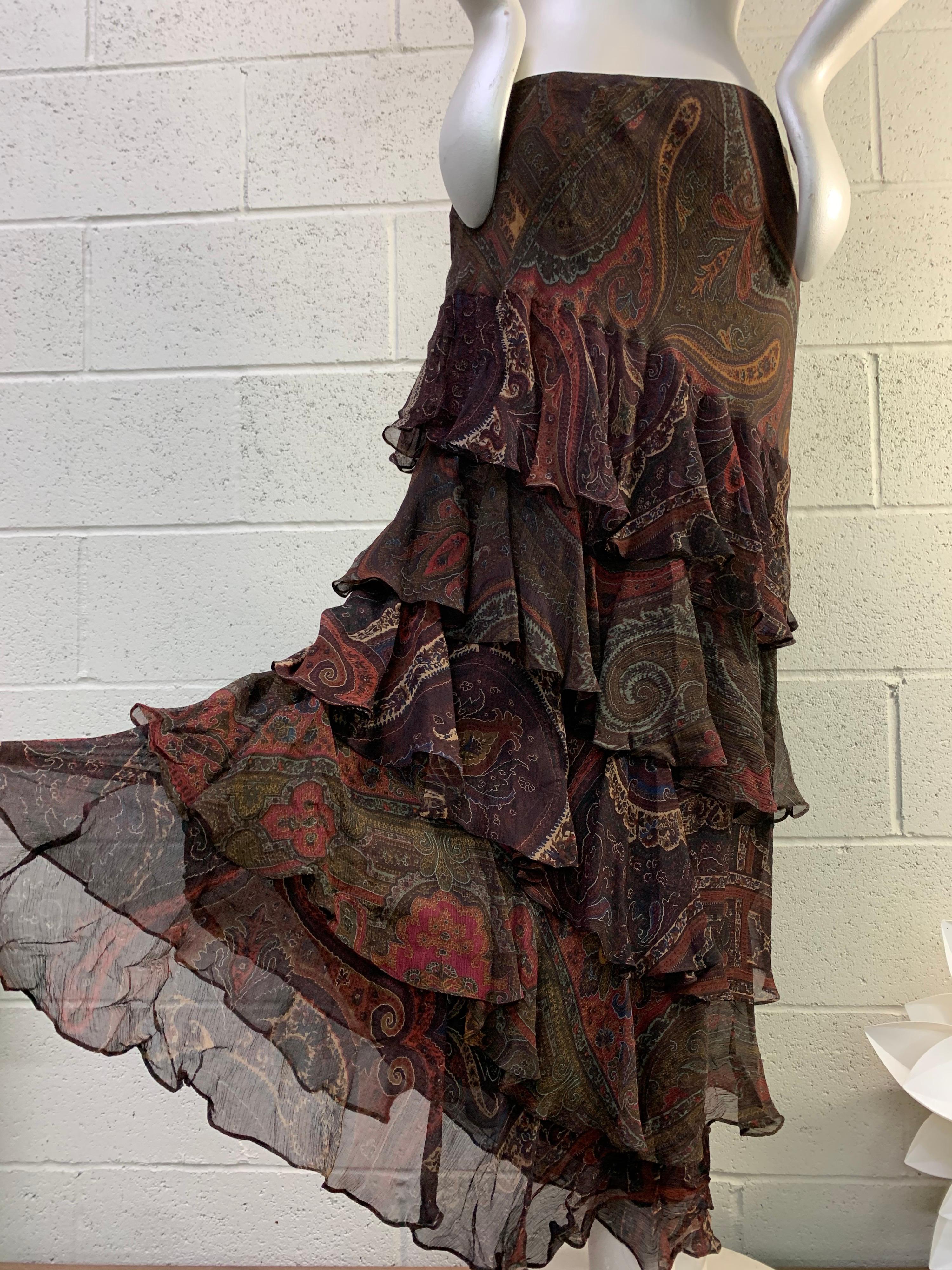 2000 Ralph Lauren Paisley Silk Chiffon Tiered Ruffled Long Skirt In New Condition In Gresham, OR