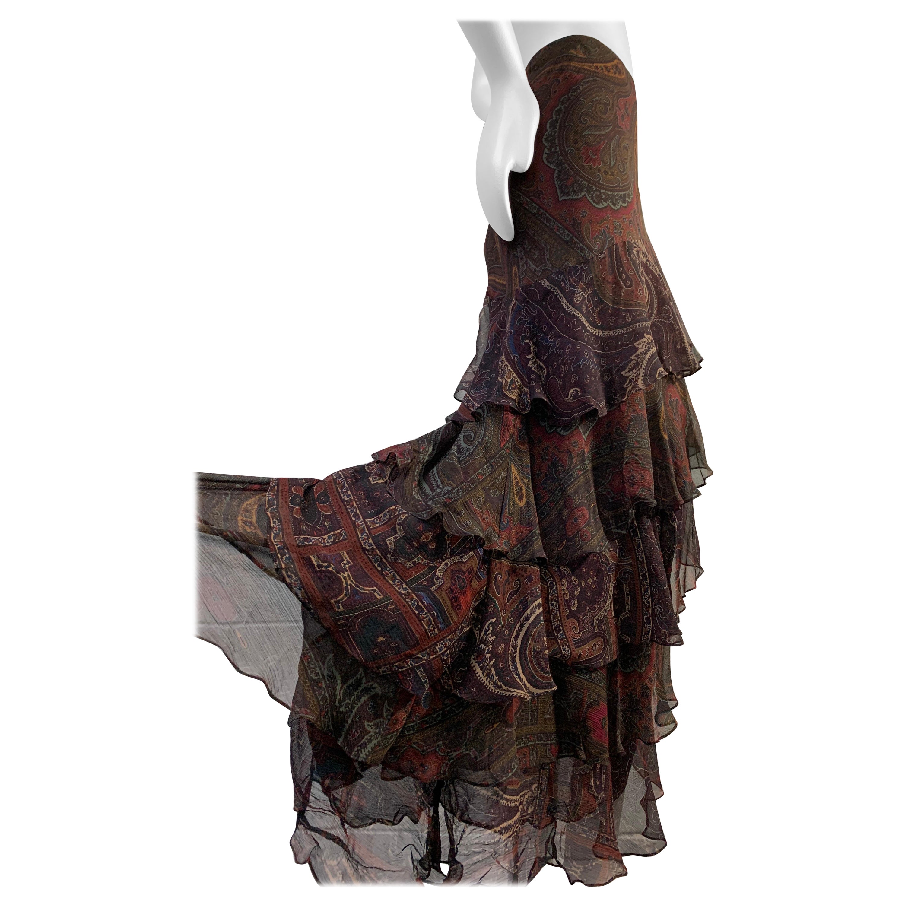 2000 Ralph Lauren Paisley Silk Chiffon Tiered Ruffled Long Skirt